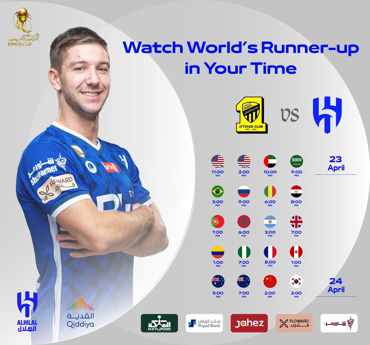 Alhilal_EN's tweet photo. ⌚️Have you set your watch for the #King_Cup Semifinal ⁉️
#IttihadvAlHilal ⚽️
#AHilal 💙 https://t.co/9NytG0sm2C