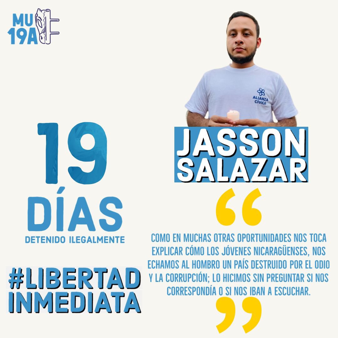 OLeonOfficial's tweet photo. Hoy, @JassonNSalazar cumple años mientras está detenido ilegalmente. Desde el MU19A #celebramos su vida y #demandamos su libertad, para que pronto pueda estar con su familia y seres queridos.
¡Libertad para Jasson! #SOSNicaragua @BiancaJagger @SenMarcoRubio @FlacaExplosiva https://t.co/3kqBEUokcV