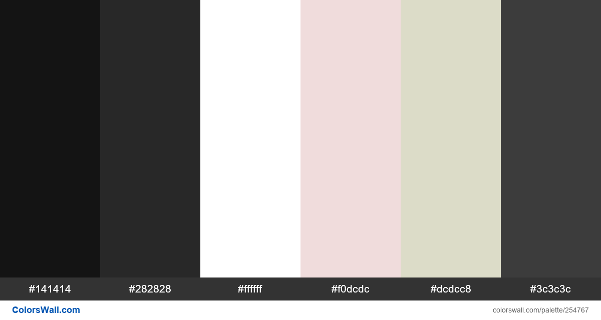 colorswall's tweet image. Graphics benefits branding employee colors palette #141414, #282828, #ffffff, #f0dcdc, #dcdcc8, #3c3c3c #colors #palette colorswall.com/palette/254767