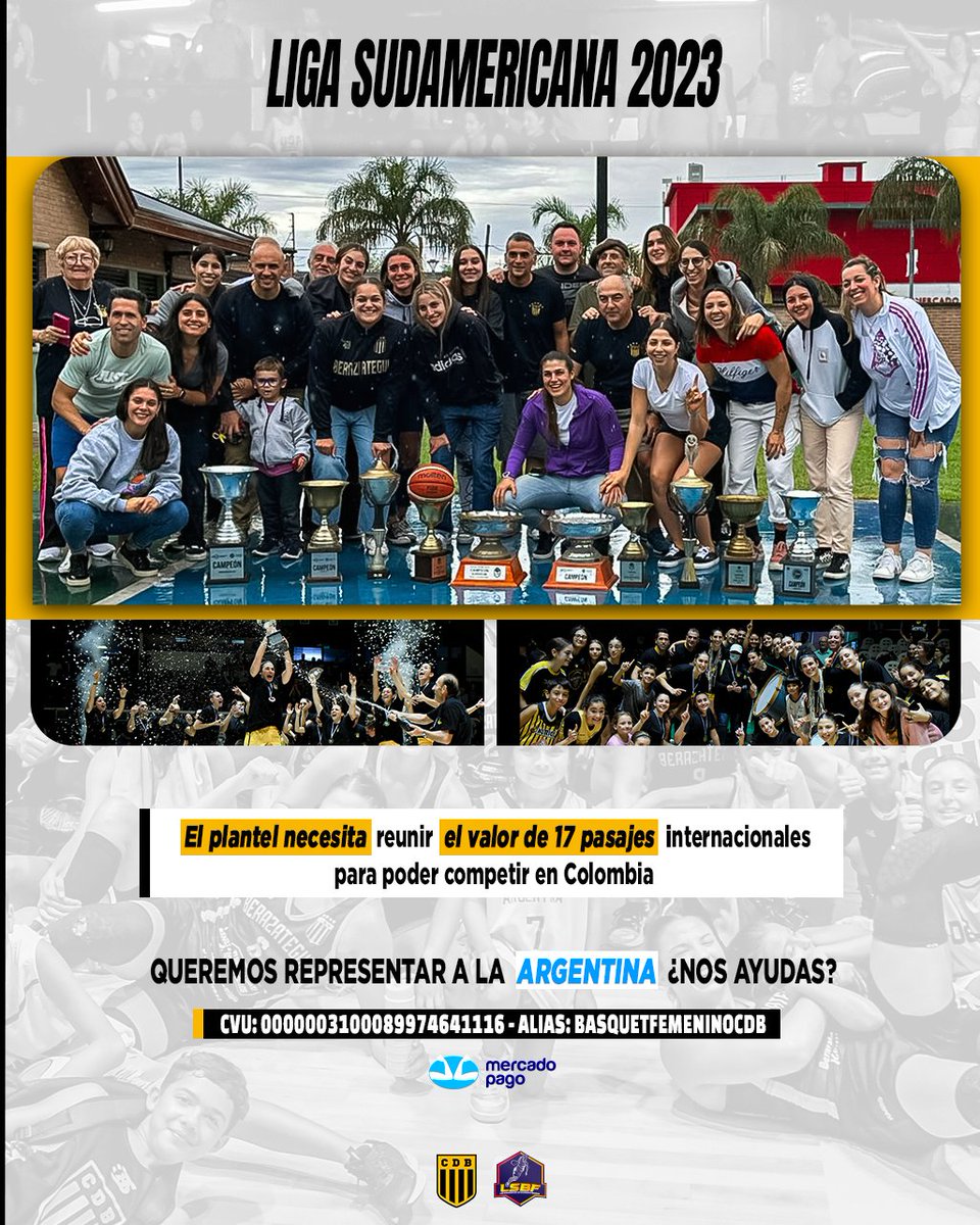 ¡Queremos representar a la Argentina! 💛🇦🇷

🔜 El plantel necesita reunir el valor de 17 pasajes para poder viajar a Colombia y competir en la Liga Sudamericana de Clubes.

🙏 ¿Nos ayudas?

🔗 Link para colaborar: link.mercadopago.com.ar/sudamericanacdb
