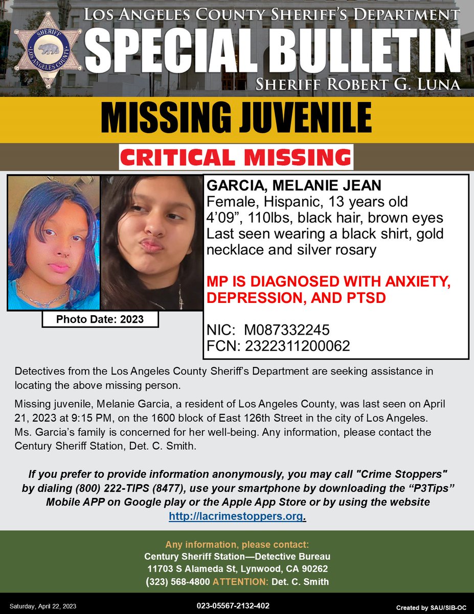 LASDHQ's tweet photo. #LASD is Asking for the Public’s Help Locating Critical Missing Juvenile Melanie Jean Garcia #LosAngeles

https://t.co/t3HHDHSmDj

Any information, please contact Century Station at (323) 568-4800 or Anonymously at (800) 222-8477 https://t.co/1uIrQjoumA https://t.co/JESHQ6NWgw