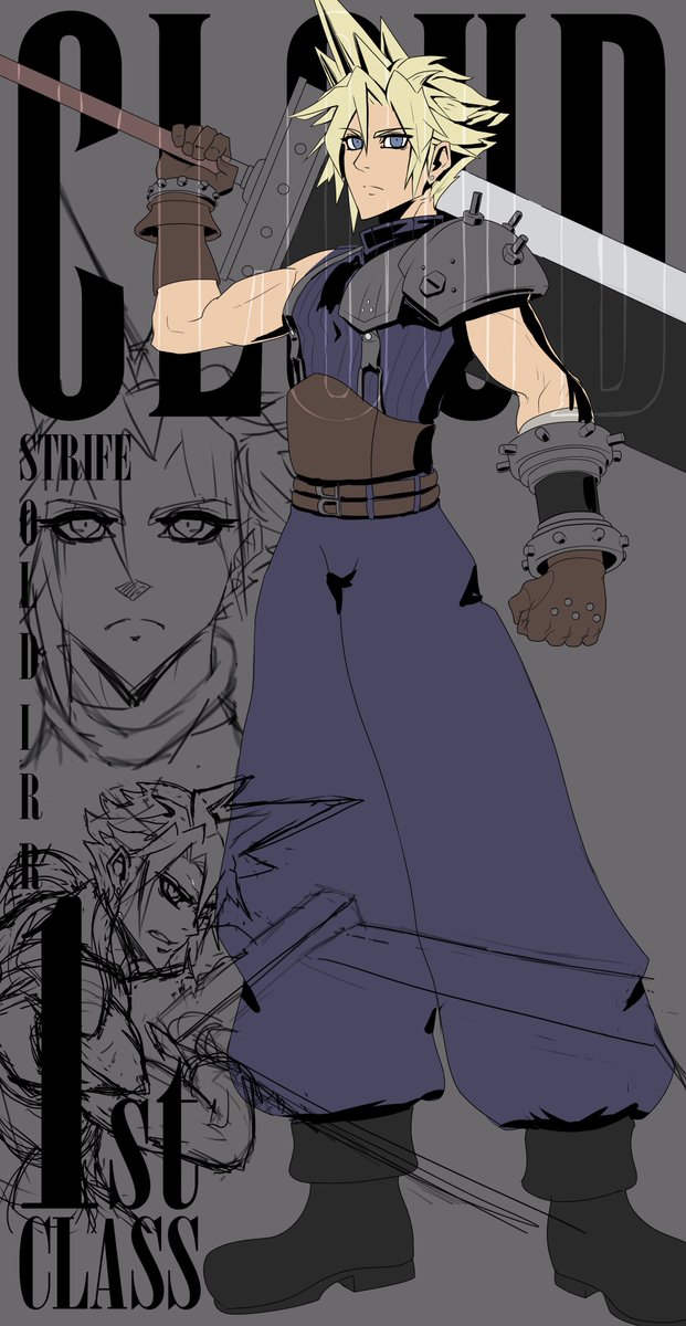 GumbleDumble's tweet photo. Here's a WIP, playing around with some typography stuff while finishing up on filling and rendering stuff to make it kewl n' stuff.  Also I'm opened to coms if anyone's interested #sketches  #FF7 #CloudStrife #art https://t.co/vjyXJYRoej