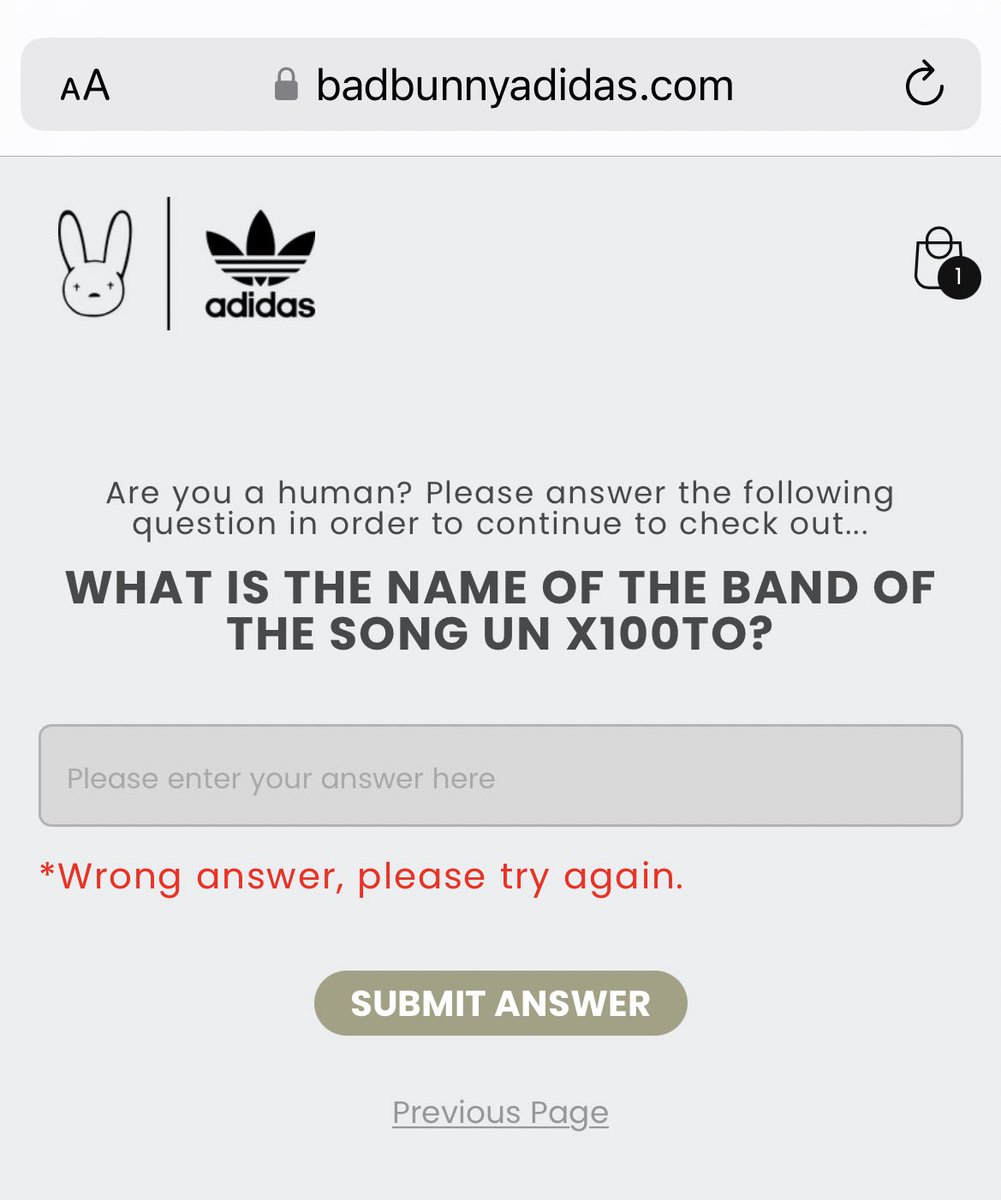 sockjig's tweet photo. Bad Bunny dropped his new Campus sneaker on his own site, and it looks like Shopify has implemented a new checkpoint which asks different questions to enter the queue https://t.co/uAB3zcSMFr https://t.co/8dQfZPzSFU