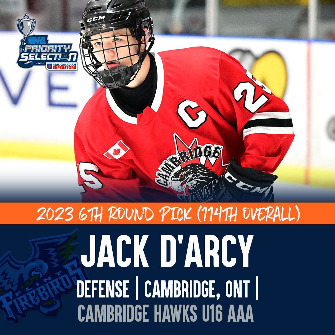 Congratulations to Jack D’Arcy for being drafted to the <a href="/FlintFirebirds/">x - Flint Firebirds</a> !!
Way to go Jack !! We are all proud of you .

<a href="/OHLHockey/">Ontario Hockey League</a> <a href="/AyrCentennials/">Ayr Centennials</a>  <a href="/CambridgeMinorH/">CambridgeMinorHockey</a>