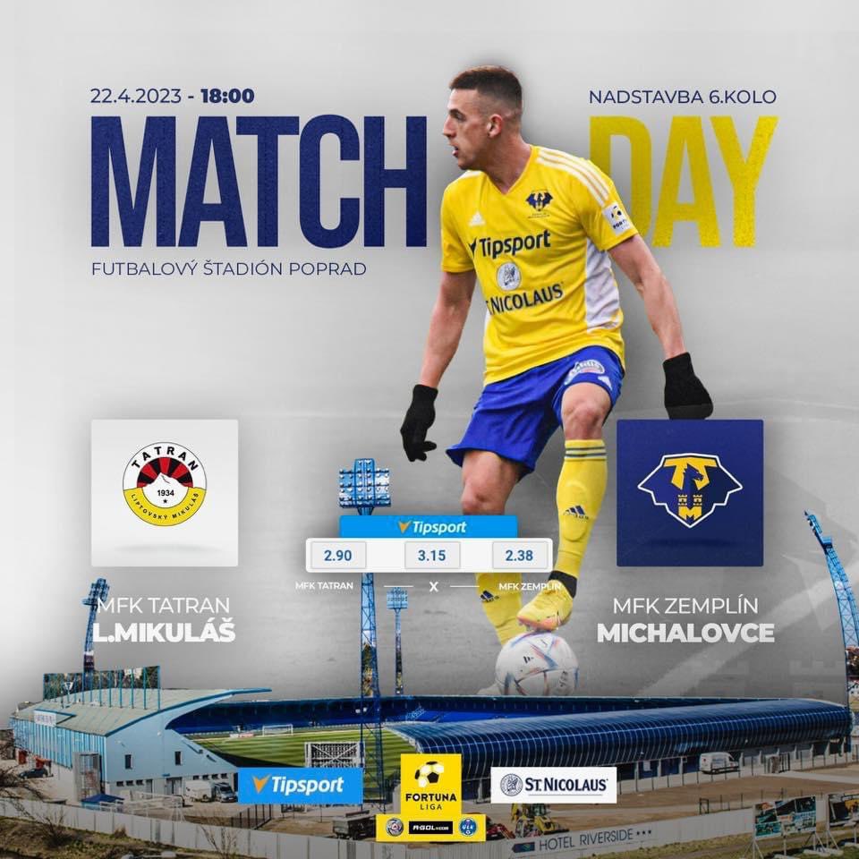 MATCHDAY 🟡🔵
Dnes sa v rámci 6. kola nadstavbovej časti Fortuna ligy predstavíme v NTC Poprad, kde o 18:00 začne duel proti tímu MFK Tatran Liptovský Mikuláš!
#spolusmezemplin