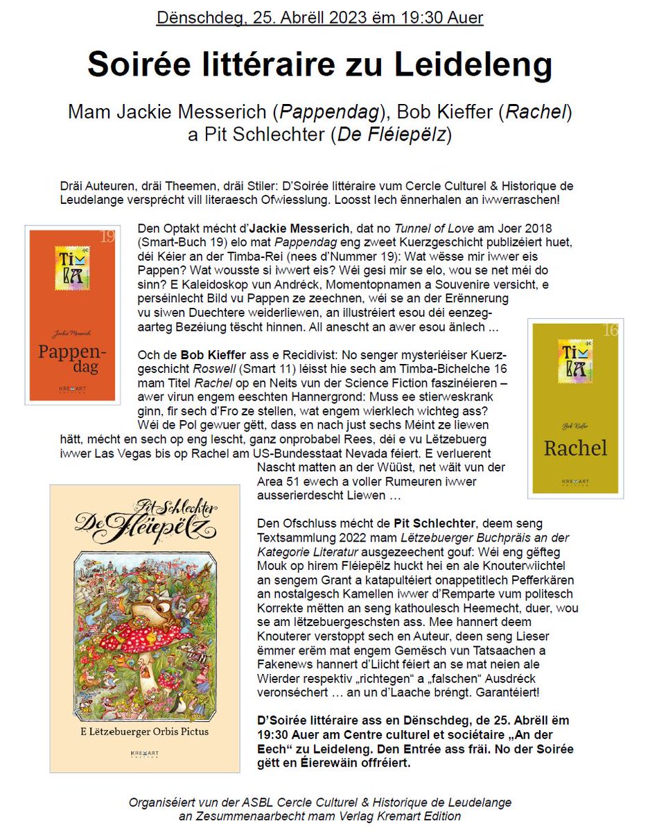 KremartE's tweet photo. Dësen Dënschdeg zu #Leideleng: 3 #Liesungen 🥰 vum #JackieMesserich (Timba: #Pappendag), #BobKieffer (Timba: #Rachel) a #PitSchlechter (#DeFléiepëlz 🍄). Weider Infoen hei 👇 oder hei 👉 https://t.co/ARquilbEtS Kommt laanscht, gëtt flott! 📚 😎 https://t.co/7uJmFaAWpr