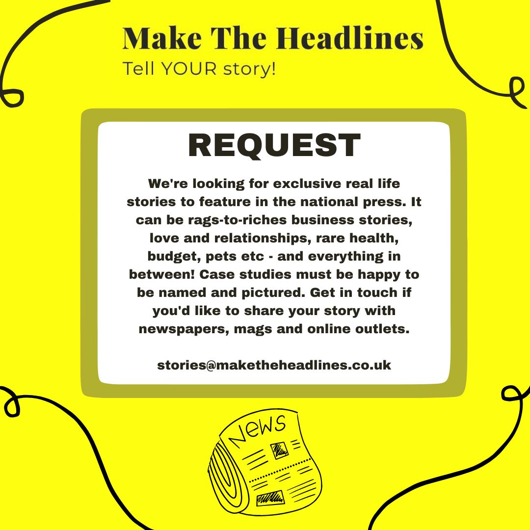 headlines_make's tweet photo. We're looking for excl real life stories to feature in the press. It can be rags-to-riches business stories, love and relationships, rare health, budget, pets etc - and everything in between! Case studies must be named and pictured. Get in touch if you'd like to share your story! https://t.co/Y2Kckf3Sqs