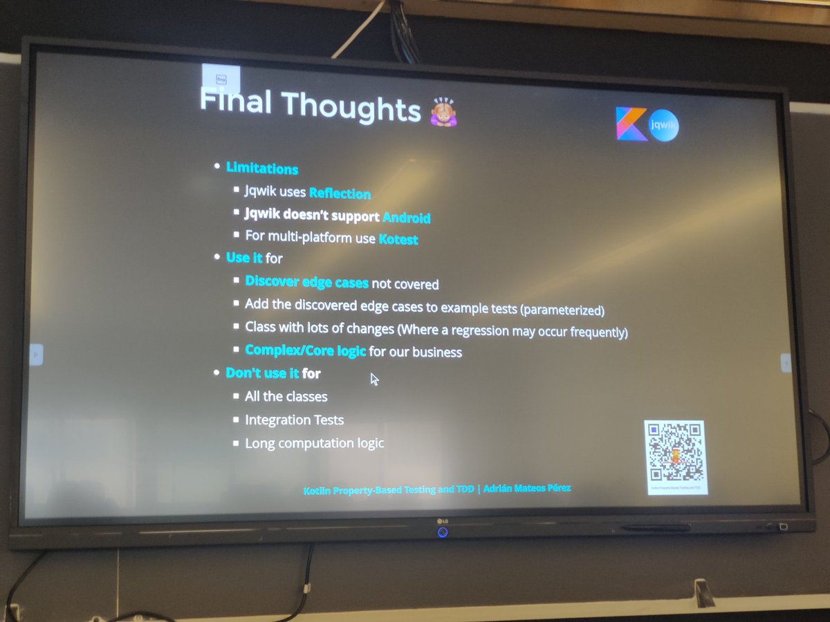 ctford's tweet photo. @AdRyAn_iP aconseja que deberíamos usar property-based testing para complementar otros tipos de testing, no para reemplazarlos. Core logic es un buen candidato. #CommitConf https://t.co/0sSFM9qvEb