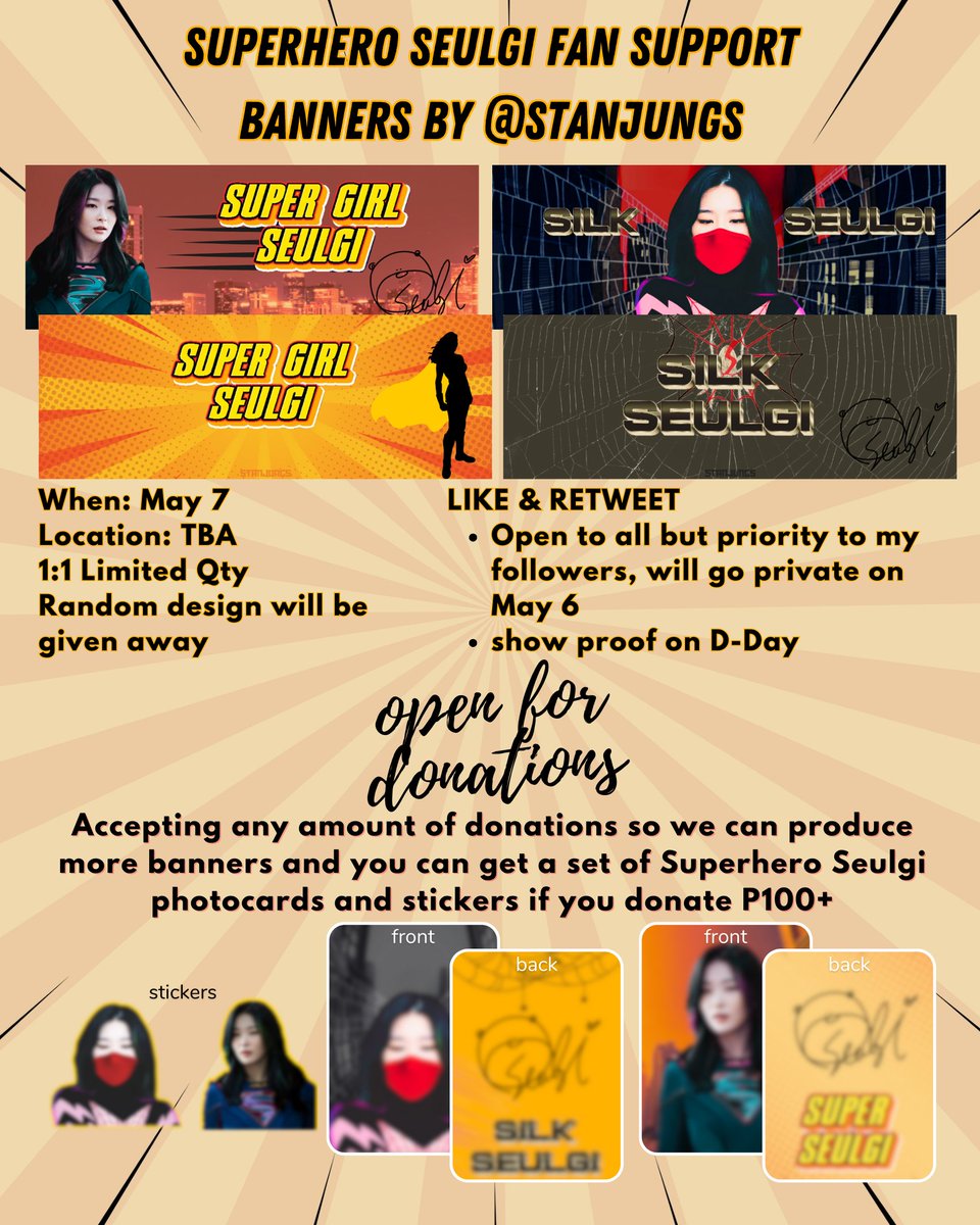 stanJungs's tweet photo. 🧡Red Velvet R to V in Manila, Seulgi Fan Support🧡

Seulmates, where you at?! Super excited to giveaway these Superhero Seulgi banners!

🧡1:1, limited qty 
🧡open for donations
🧡see pic for mechanics

will update thread for details 🤓
#RtoVinMANILA #REDVELVETinMNL2023 https://t.co/7Y3KXELM0I