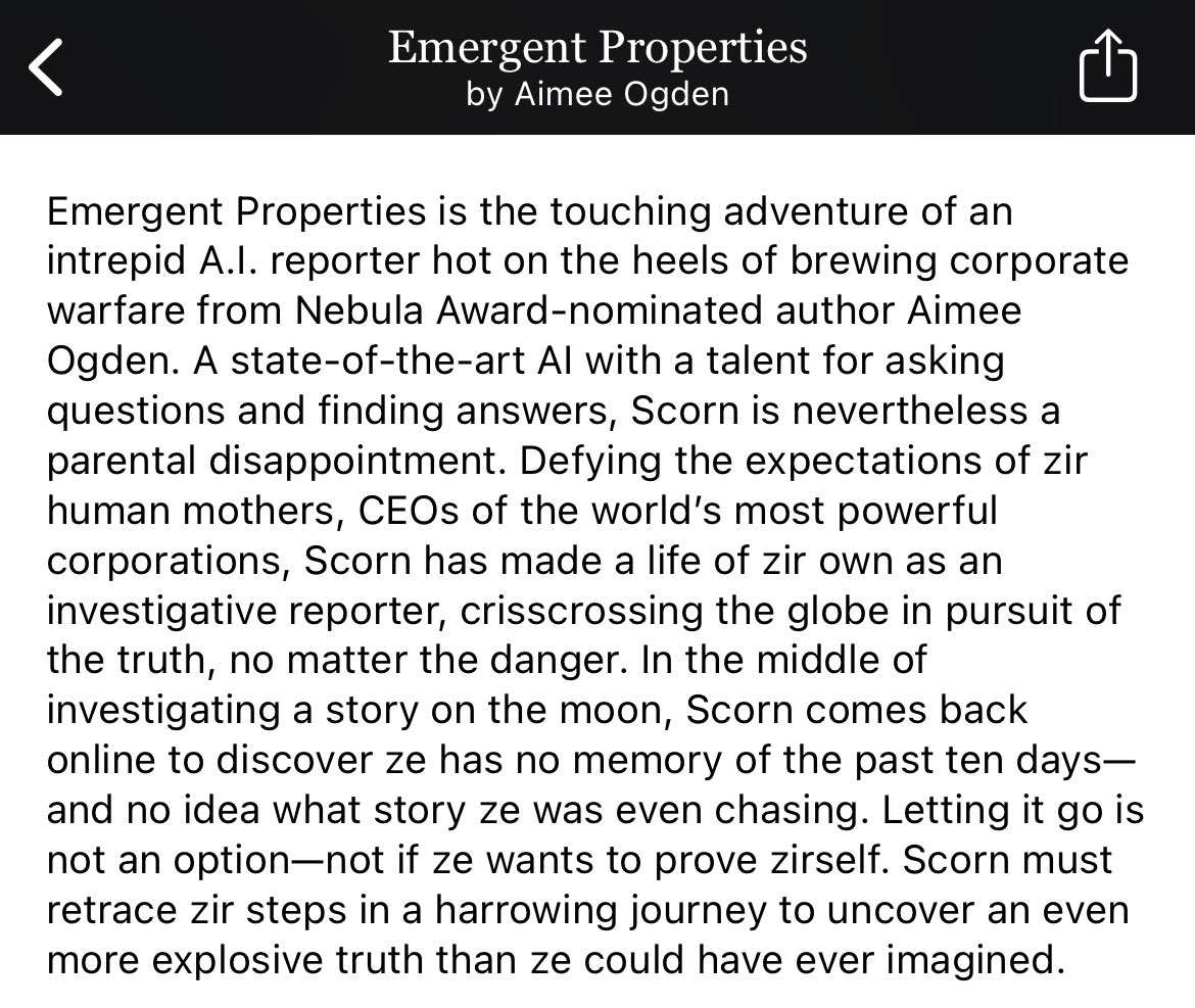 arkareads's tweet image. Current read: Picking up this scifi mystery novella #EmergentProperties by Aimee Odgen! eARC provided by NetGalley &amp;amp; Tor Publishing Group.

This will be a reading impression thread and the review will come at the end of the thread after I finish the book 🪐