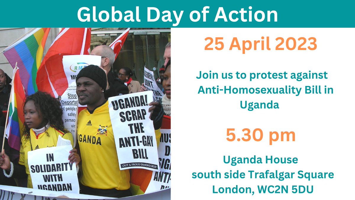 PeterTatchell's tweet photo. Emergency protest! 

Global Day of Action against the Ugandan #AntiHomosexualityBill, which will jail &amp; execute LGBT+ people

Protest Tuesday 25 April, 5.30pm, Uganda House, south side Trafalgar Square London

PLEASE RT

@IanMcKellen @OUTandPROUD @AfricanRainbow1 @CliffJoannou https://t.co/mk7rZBkV95