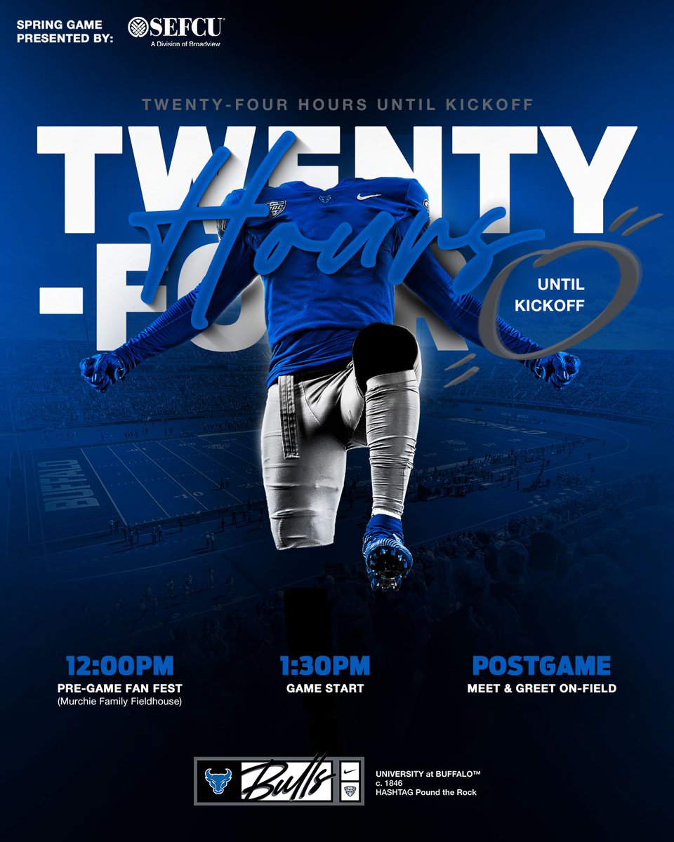 UB Football (@ubfootball) on Twitter photo 🚨TWENTY-FOUR HOURS UNTIL KICKOFF!🚨
Join us tomorrow for our 2nd Annual Blue vs. White Spring Game presented by <a href="/SEFCU/">Broadview FCU</a>, a division of Broadview.
Events start at 12:00 PM with a Pre-Game Fan Fest in the Murchie Family Fieldhouse prior to our 1:30 PM kickoff!
#UBhornsUP 🔵🤘⚪️ 🚨TWENTY-FOUR HOURS UNTIL KICKOFF!🚨
Join us tomorrow for our 2nd Annual Blue vs. White Spring Game presented by <a href="/SEFCU/">Broadview FCU</a>, a division of Broadview.
Events start at 12:00 PM with a Pre-Game Fan Fest in the Murchie Family Fieldhouse prior to our 1:30 PM kickoff!
#UBhornsUP 🔵🤘⚪️