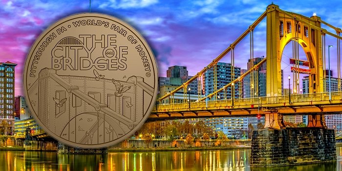 CoinWeek's tweet photo. .@ANACoins World’s Fair of Money medal by Jamie Franki honors Pittsburgh: https://t.co/HkVB8SUu1T
"Pittsburgh’s unique geographic location earned it the distinction of having more bridges than any other city in the world – 446 to be exact." #coinshows #pittsburgh #numismatics https://t.co/LfYH4njW2s