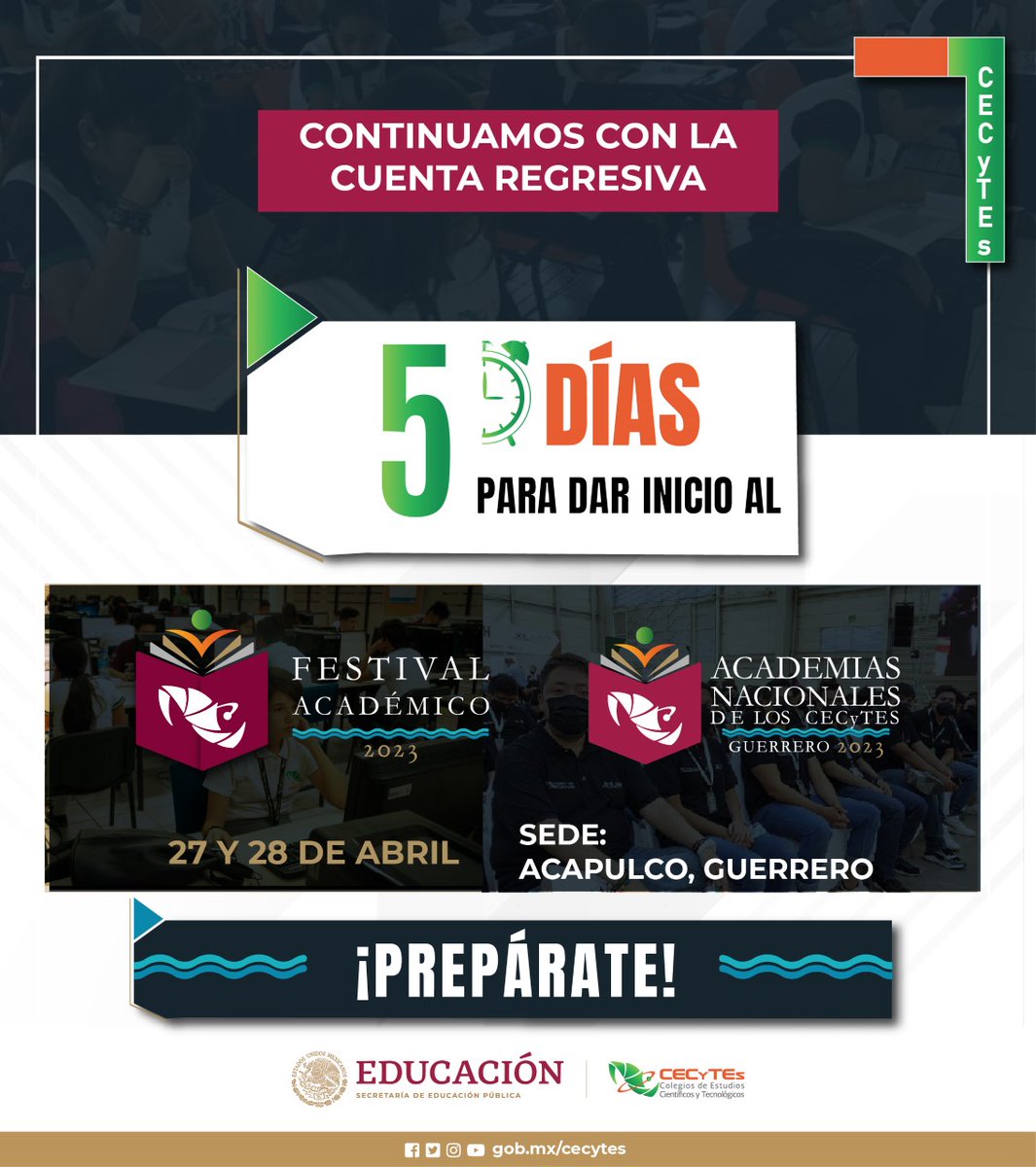 ccecyte's tweet photo. ¡Continuamos con la cuenta regresiva! Estamos a 5 días para dar inicio.   
#FestivalAcadémico2023 #AcademiasNacionalesdelosCECyTEs2023 #OrgullosamenteCECyTEs #ExcelenciaEducativa

@Nora_Ruvalcaba @samuelcolin2050 @ccecyte 
@cecytegro 

👉27 y 28 de abril sede: Acapulco, Guerrero https://t.co/NM3zeUbX8L