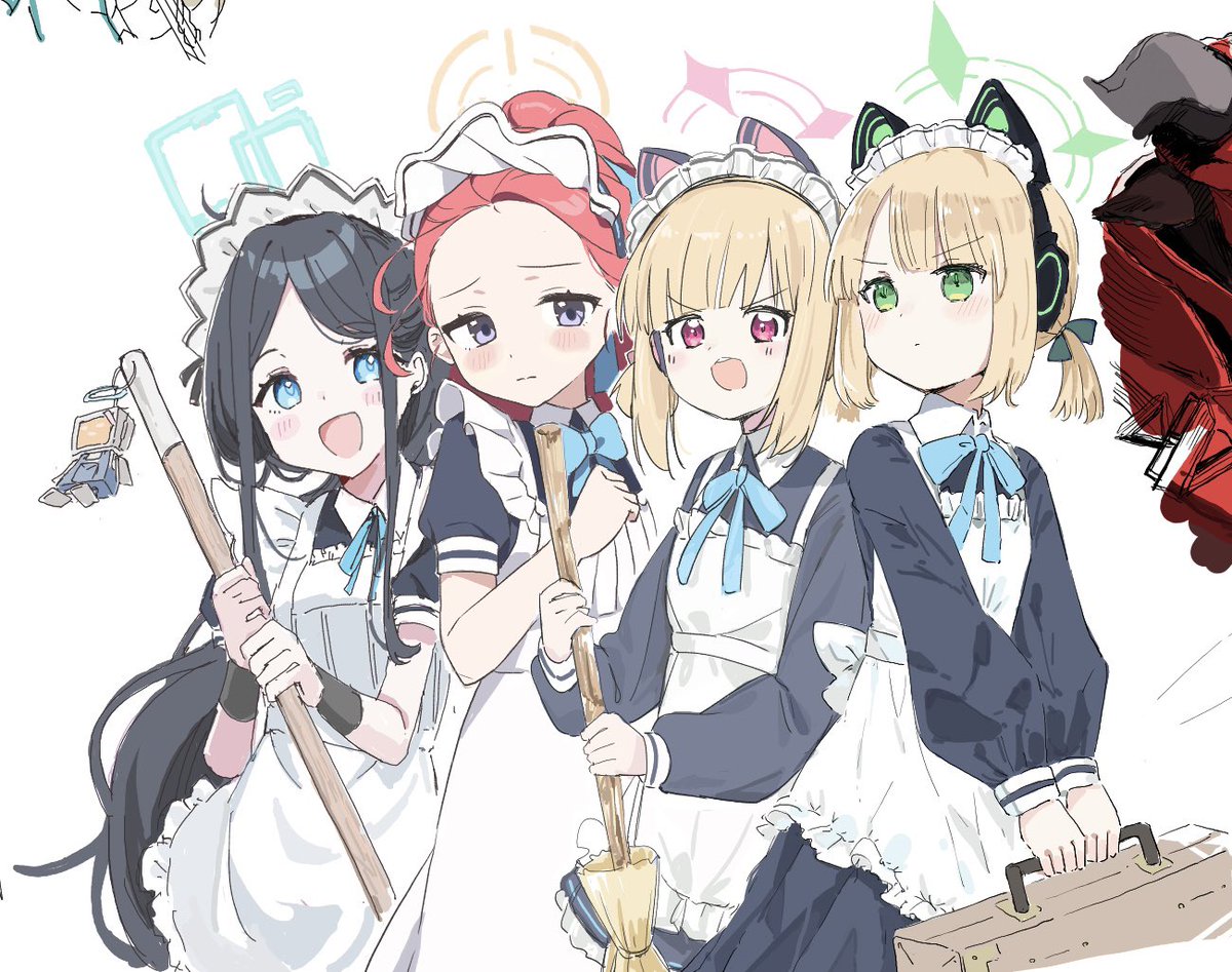 aris (blue archive) ,midori (blue archive) ,momoi (blue archive) multiple girls 4girls halo maid headdress maid green eyes animal ear headphones  illustration images