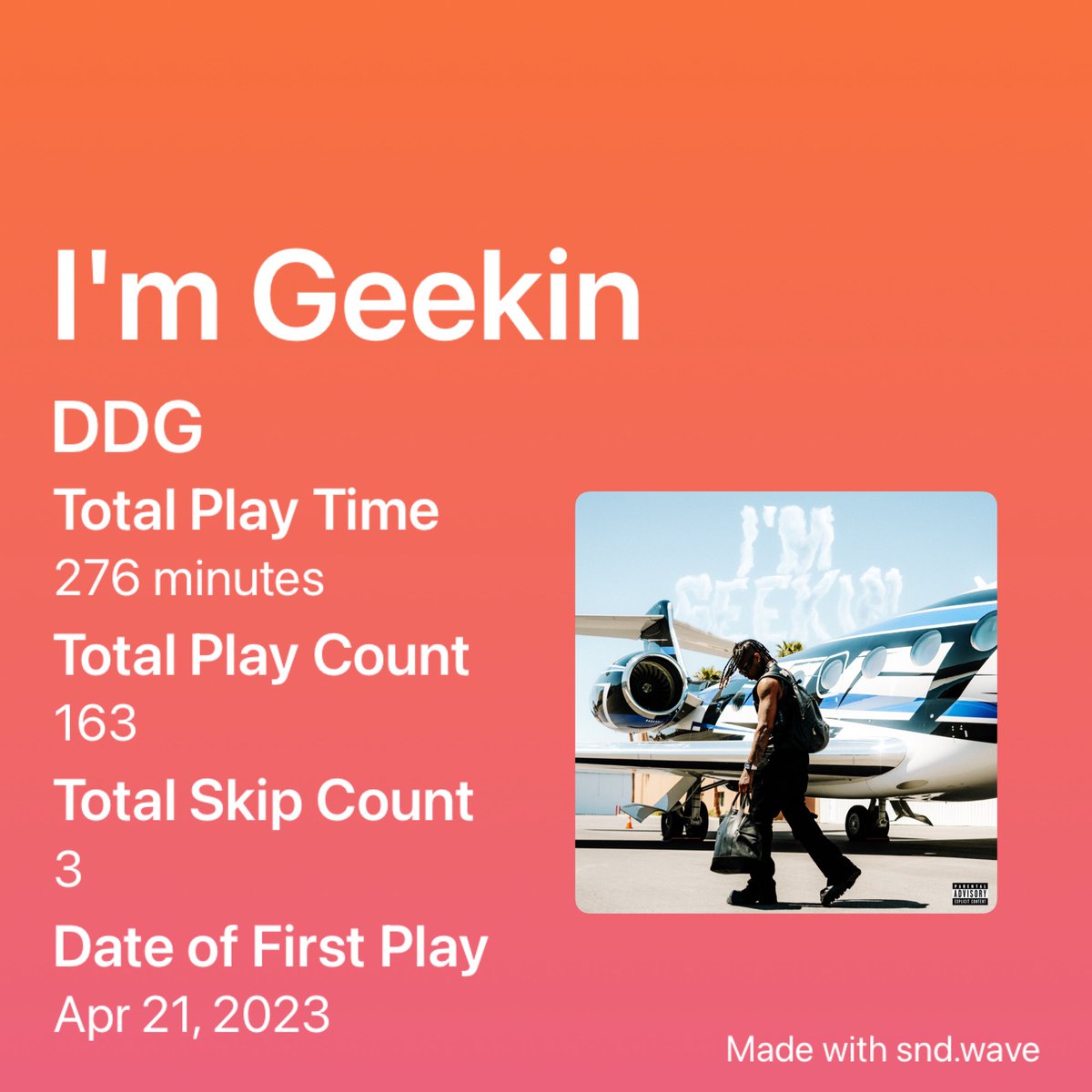 denise37991326's tweet photo. Check out my music stats! Made with snd.wave. #sndwave the previous post was just playing the song on my phone only then I added the music video to my playlist which is this one. I’m geekin 🔥. still learning this damn app. 😂 https://t.co/X4PP2Cks8f