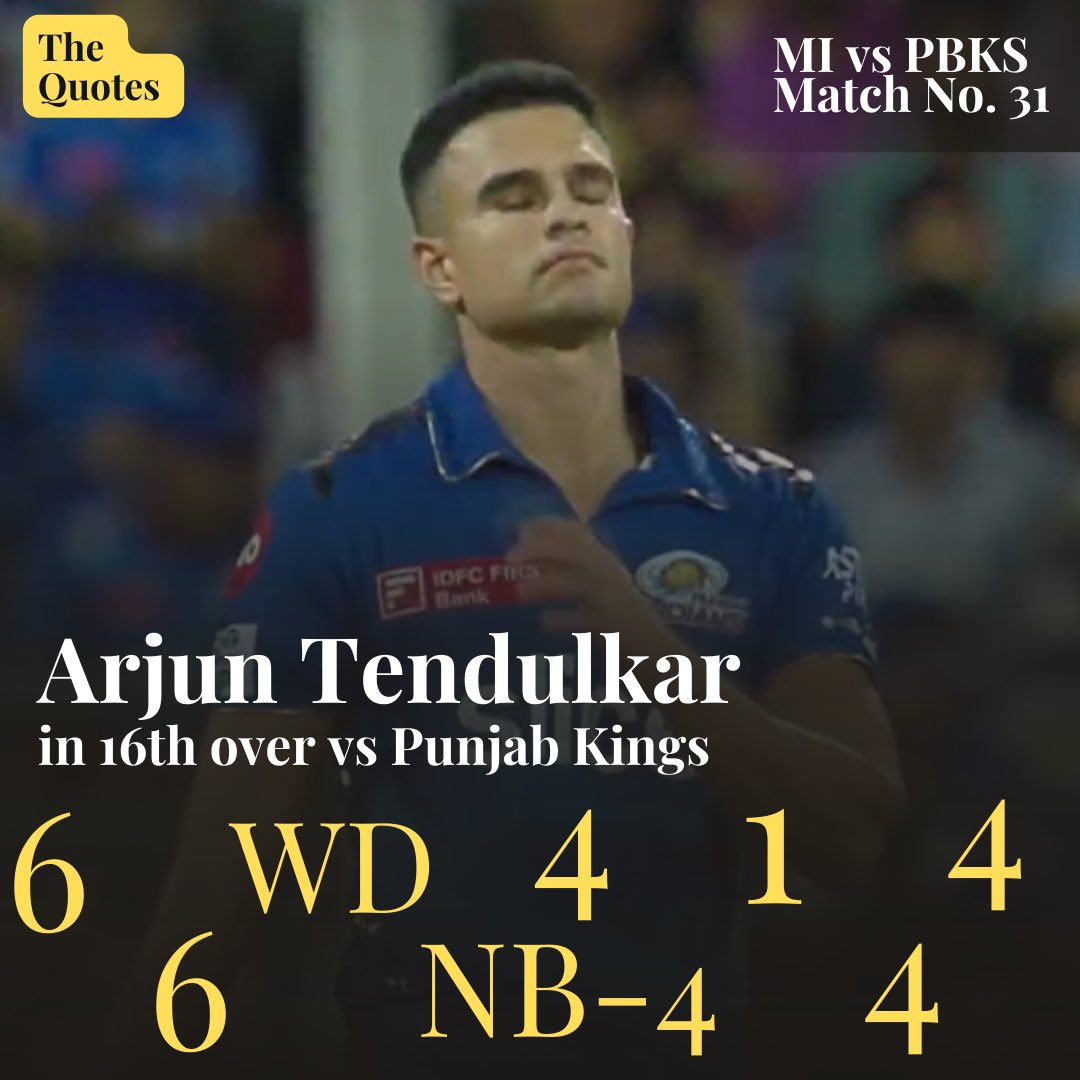 TheQuotesLive's tweet photo. Arjun Tendulkar feels heat of playing in Indian Premier League as he conceded 31-runs off the 16th over against Punjab Kings at Wankhede stadium in Mumbai. 

📸: Jio Cinema/IPL

#ArjunTendulkar #IPL2023  #Crickettwitter #mivspbks https://t.co/Ye5ovydsCv