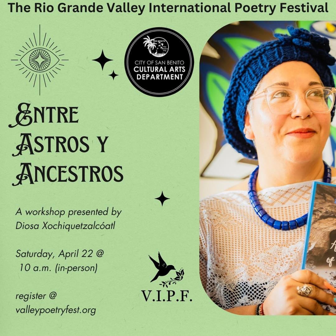 rgvipf's tweet photo. Entre Astros y Arcos Iris: Taller presentado por Diosa Xochiquetzalcóatl workshop on the way.
Join us for all day events and workshops Rio Grande Valley International Poetry Festival 16th annual day 3. #vipf23 #vipf2023 @VidaurreEdward @poetmariachi https://t.co/1hXp0cNuxg