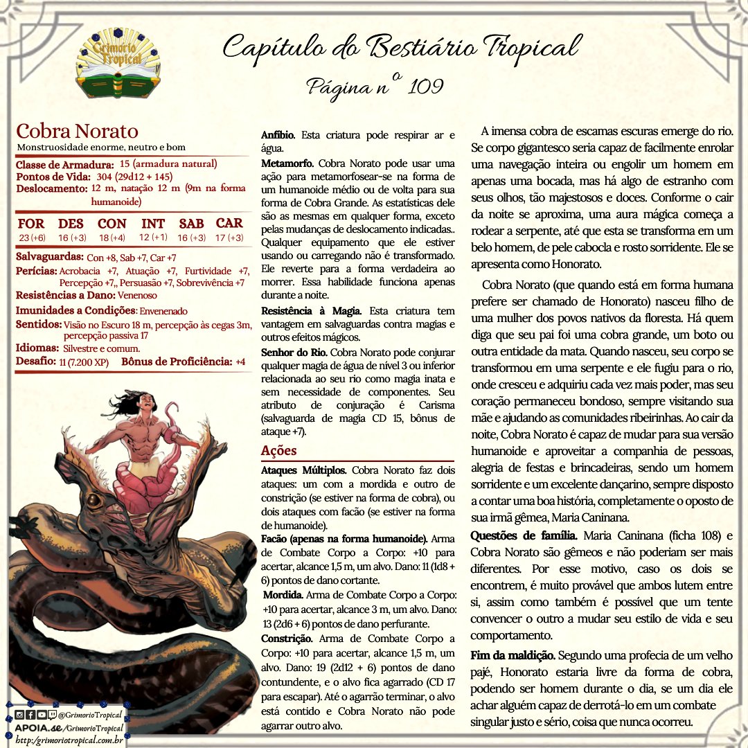 TropicalRPG's tweet photo. Ficha Tropical nº 109 - Cobra Norato

Ficha com melhor visualização: https://t.co/QmNE8NGenv
Sistema: D&amp;D 5ª edição

Imagem: Márcio Takara.

Fontes de pesquisa no 1º link.

#CobraNorato #RPG #DnD5e #Amazonia #lendasbrasileiras https://t.co/i5CuYlfzLd