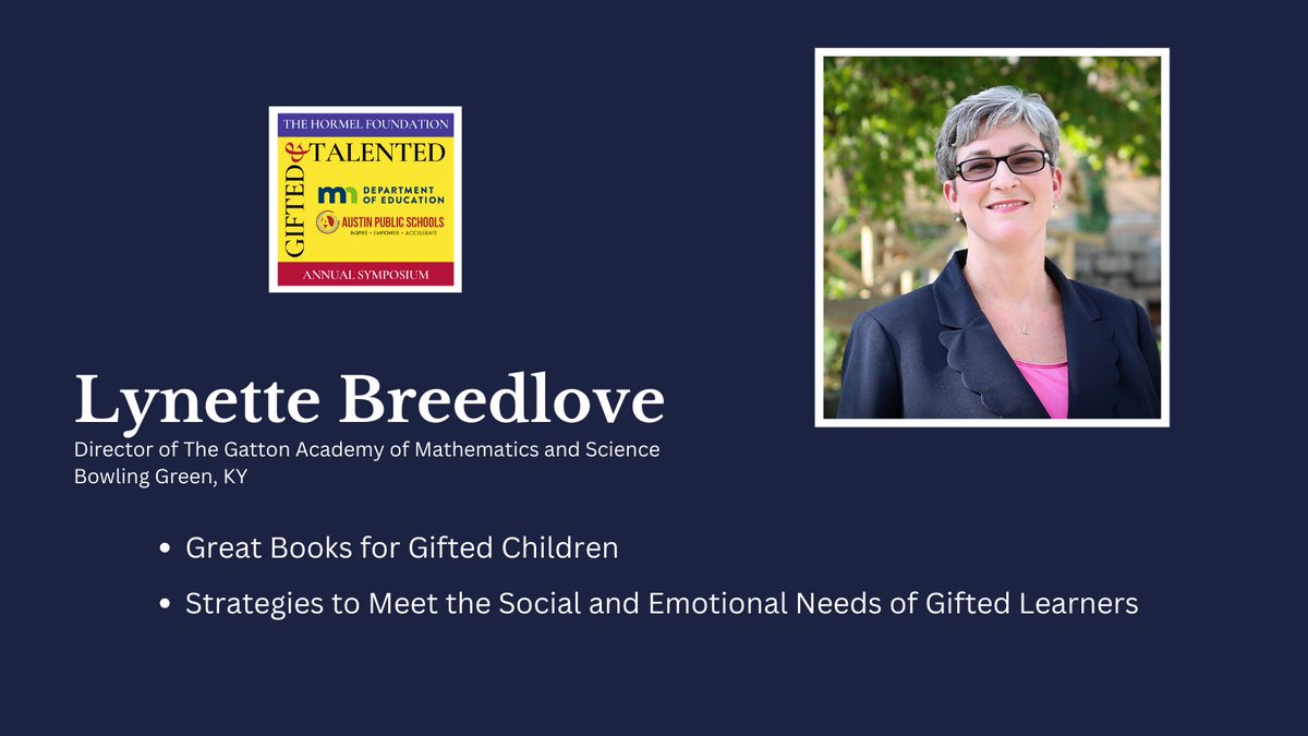 gtsymposium's tweet photo. Introducing Lynette Breedlove who will present two of our sessions:    
-Great Books for Gifted Children
-Strategies to Meet the Social and Emotional Needs of Gifted Learners 

Register today for #GTSymposium 2023! 
#GTChat #MN #IA #Midwest #GiftedEducation https://t.co/ffblWtrJDZ