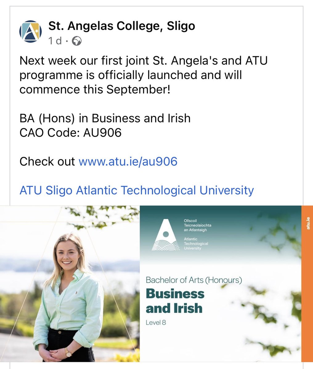 deselby10's tweet photo. Seolfar an cúrsa nua BA (onór) Gaeilge agus Gnó Dé Céadaoin na seachtaine seo chugainn in Ollscoil Teicneolaíochta an Atlantaigh, Sligeach. Is cúrsa lán-aimseartha trí bliana é agus is é an chéad chúrsa a d’fhorbair foirne Choláiste San Aingeal agus na hOllscoile Teicneolaíochta. https://t.co/PEz6Jui0YB