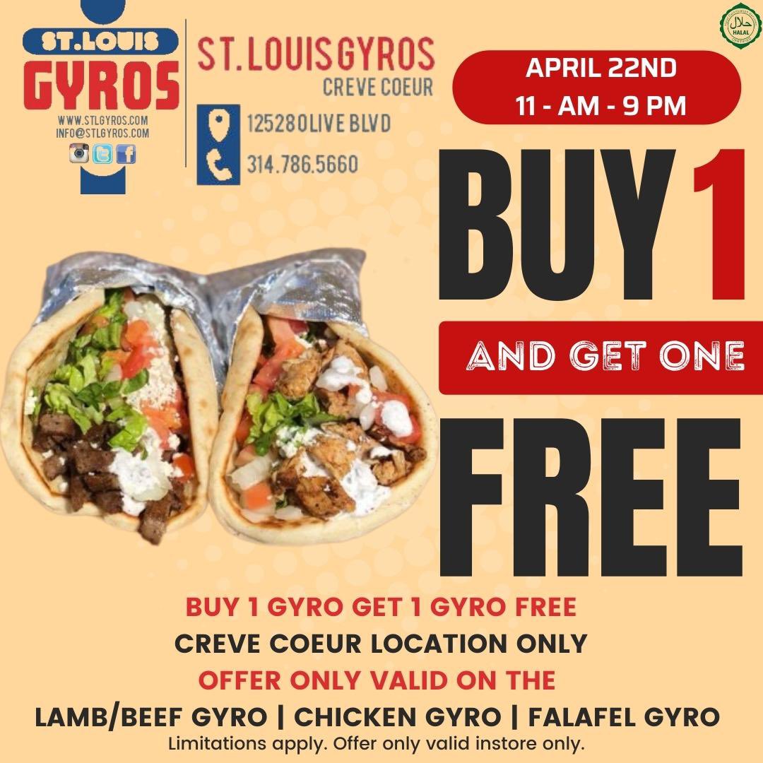 STLgyros's tweet photo. BUY 1 GYRO GET 1 GYRO FREE!

Come celebrate our 9 Year Anniversary with our best sale yet! BOGO!
Today only at our CREVE COUER location! 

12528 Olive BLVD 63141

11 AM- 9 PM

In store only. limitations Apply. https://t.co/Rf1klIznzE