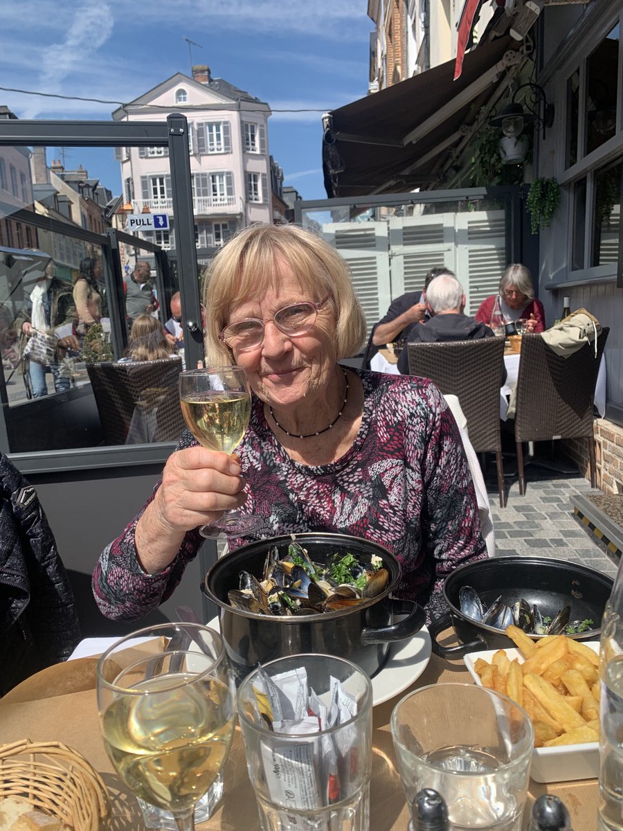 Jan enjoying a lunch of moules et frites in beautifully sunny Honfleur today. I enjoyed mine too!