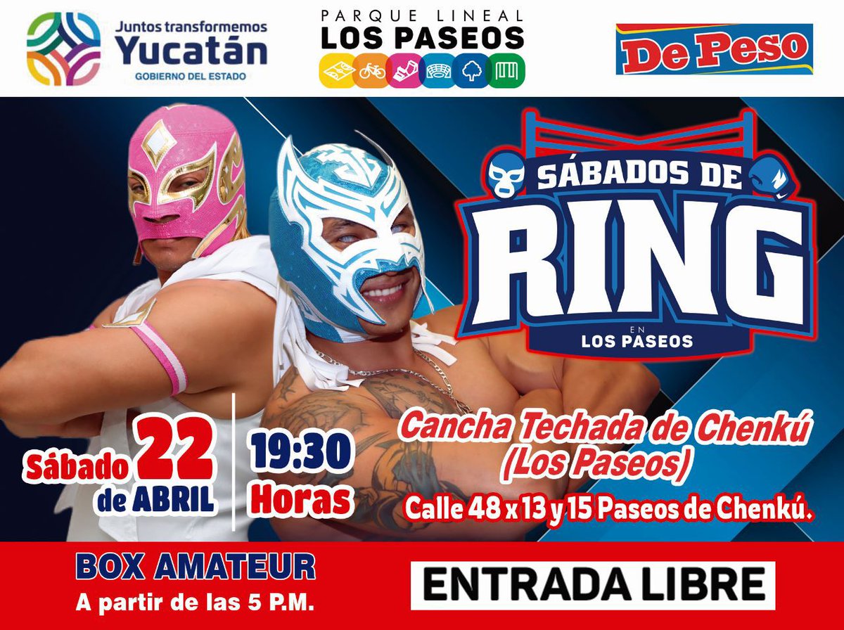 IDEY_oficial's tweet photo. 💥¡𝐇𝐎𝐘, 𝐒Á𝐁𝐀𝐃𝐎𝐒 𝐃𝐄 𝐑𝐈𝐍𝐆 𝐄𝐍 #𝐋𝐎𝐒𝐏𝐀𝐒𝐄𝐎𝐒!

Te invitamos a la función de Lucha Libre gratuita para toda la familia en "Sábados de Ring". ¡Te esperamos!

#SomosIDEY https://t.co/lnPe394Tk5