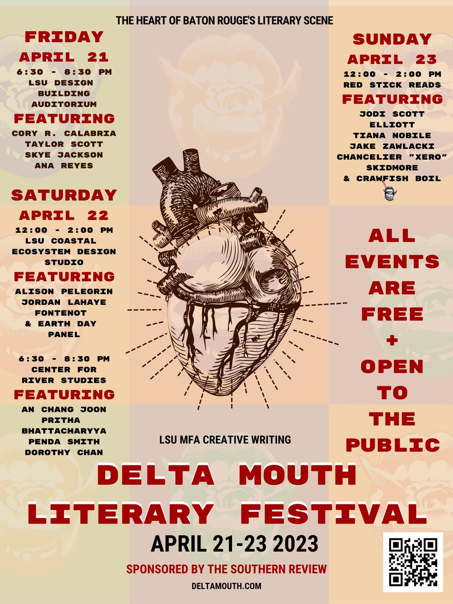 Thanks to everyone that came out to the wonderful <a href="/DeltaMouthFest/">Delta Mouth</a> opening last night!

Today at noon at the <a href="/LSUCSS/">CSS</a> (1110 S. River Road), catch <a href="/jordanilahaye/">Jordan LaHaye Fontenot</a> and <a href="/AlisonPelegrin/">Alison Pelegrin</a> read their work, along with an Earth Day panel discussion moderated by Dr. Chris Barrett!
