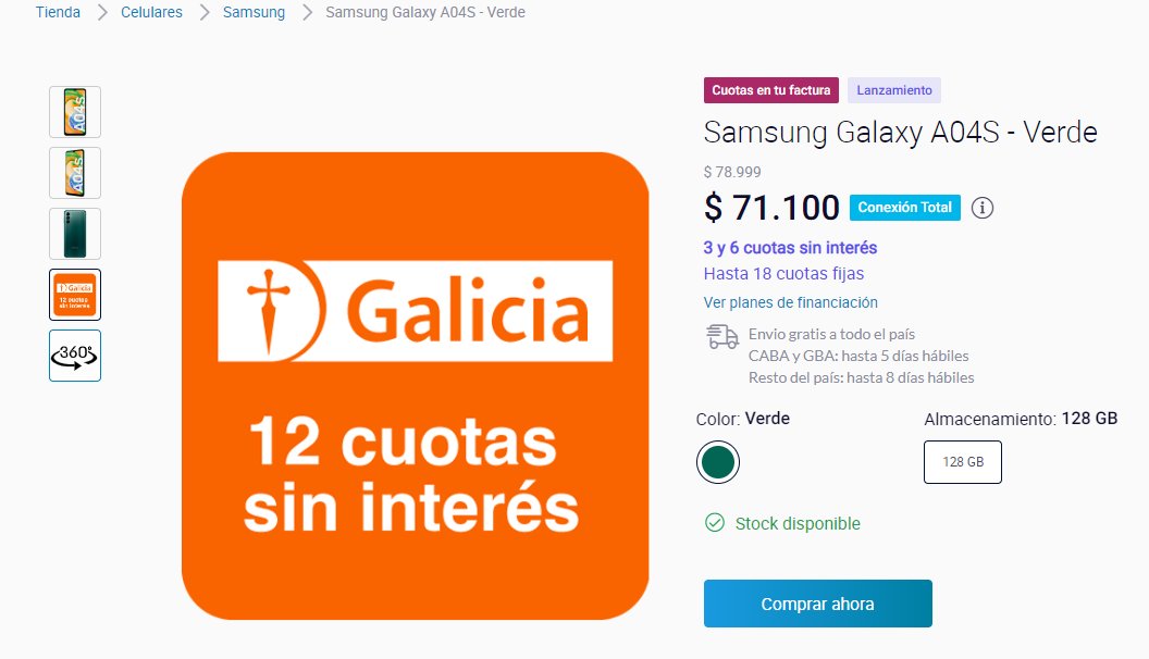 MaxiLambrus's tweet photo. @PersonalFlow_At Buenas tardes, estoy queriendo comprar un Samsung Galaxy A04S en la tienda. En la publicación, dice que pagando con Galicia, hay 12 cuotas sin intereses, pero al momento de pagar, me figura que hay hasta 6 y con 12 es un 49.42% de interés, adjunto print https://t.co/CHMj929bWw