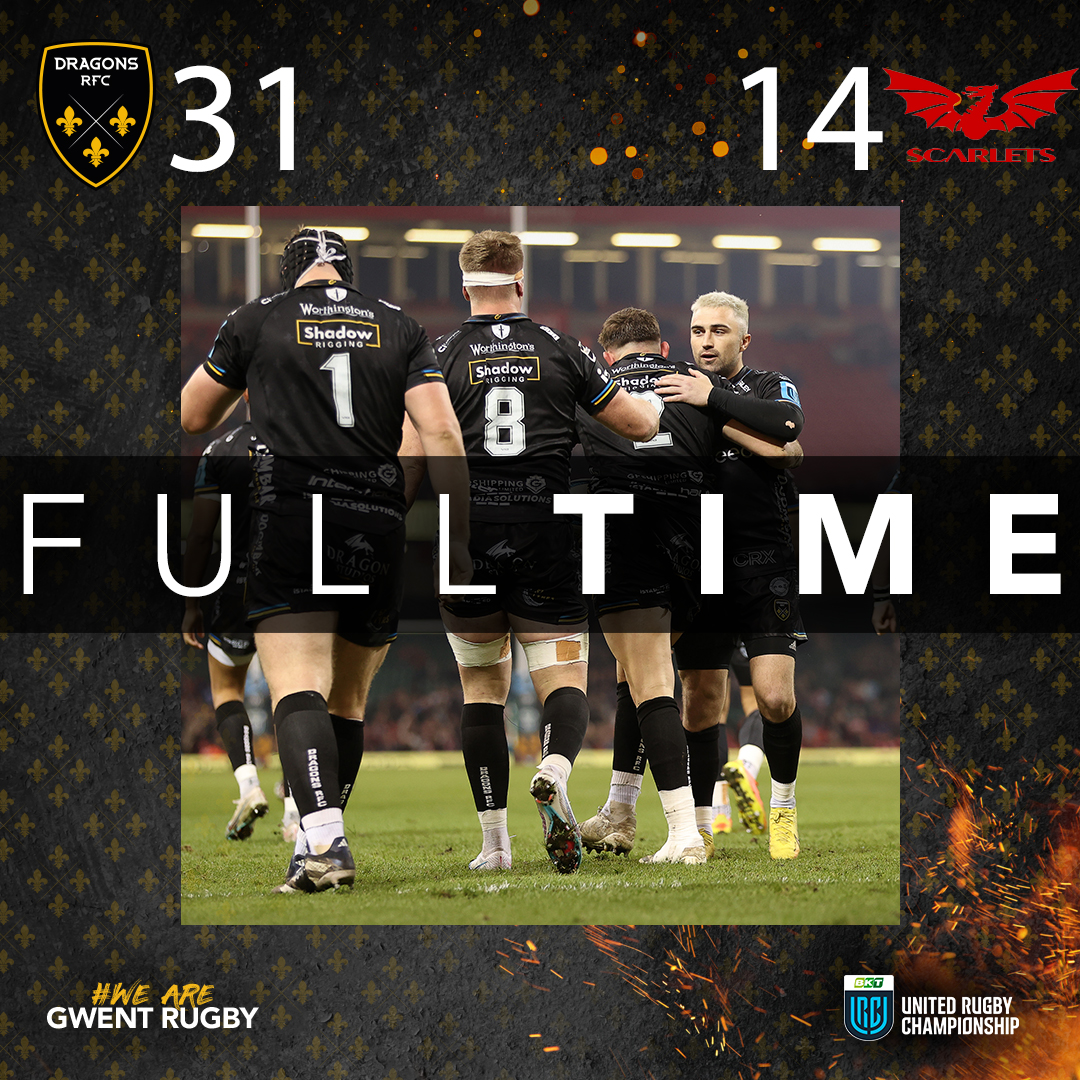 FULL TIME: @dragonsrugby 🐉31-14🔴 @scarlets_rugby WHAT A WIN!!!! 🙌 The Men of Gwent finish the campaign on a high with a try bonus point victory at the Principality Stadium! 👏👏👏 #WeAreGwentRugby #DRAvSCA