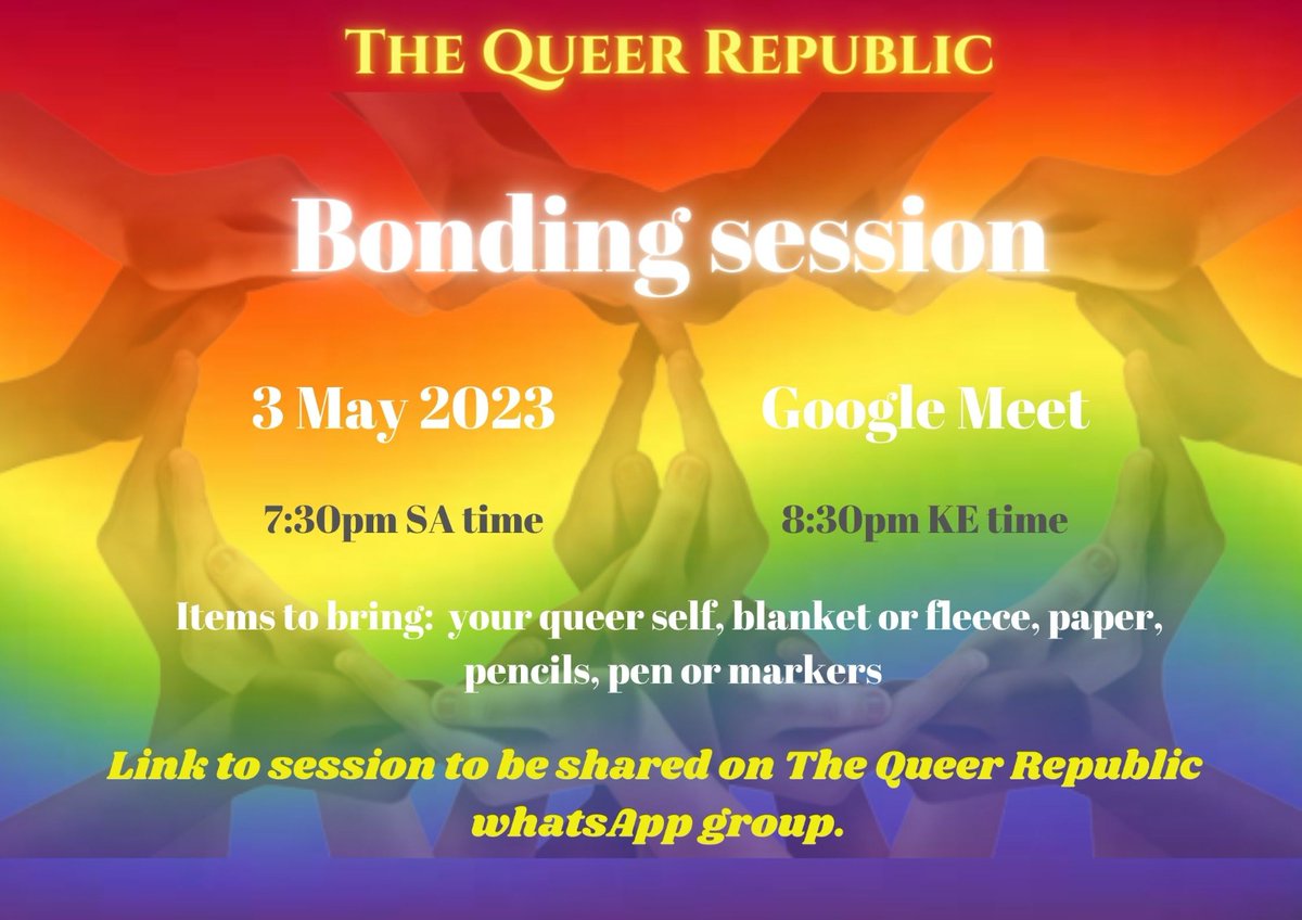 Happy queer day family❤️❤️
Let's have a bonding session on 3rd May, these past months have been heavy for us as queer Africans and collective love and support is much needed. 7:30pm SA time, 8:30pm KE time, see you soon.🏳‍🌈🏳️‍⚧️❤
#thequeerrepublic #queerwellbeing #Khwiye