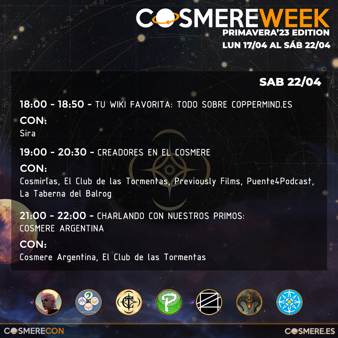 stormlightclub's tweet photo. Empieza la última jornada de la #CosmereWeek !!
Yo entraré de aquí a una hora, pero podeis ir pasando ya a escuchar una charla sobre el proyecto de @Coppermind_es.
(enlace en el siguiente tweet) https://t.co/P5AsSMn3RV