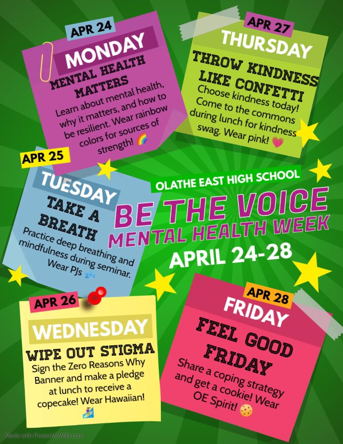 It’s almost BE THE VOICE week <a href="/OlatheEastHawks/">Olathe East High School</a> and <a href="/HawkNationOE/">Hawk Nation</a>! Join our campaign for mental wellness and participate in activities throughout the week to advocate for healthy coping, self-care, kindness, and wiping out stigma. You matter, and so does your mental health.