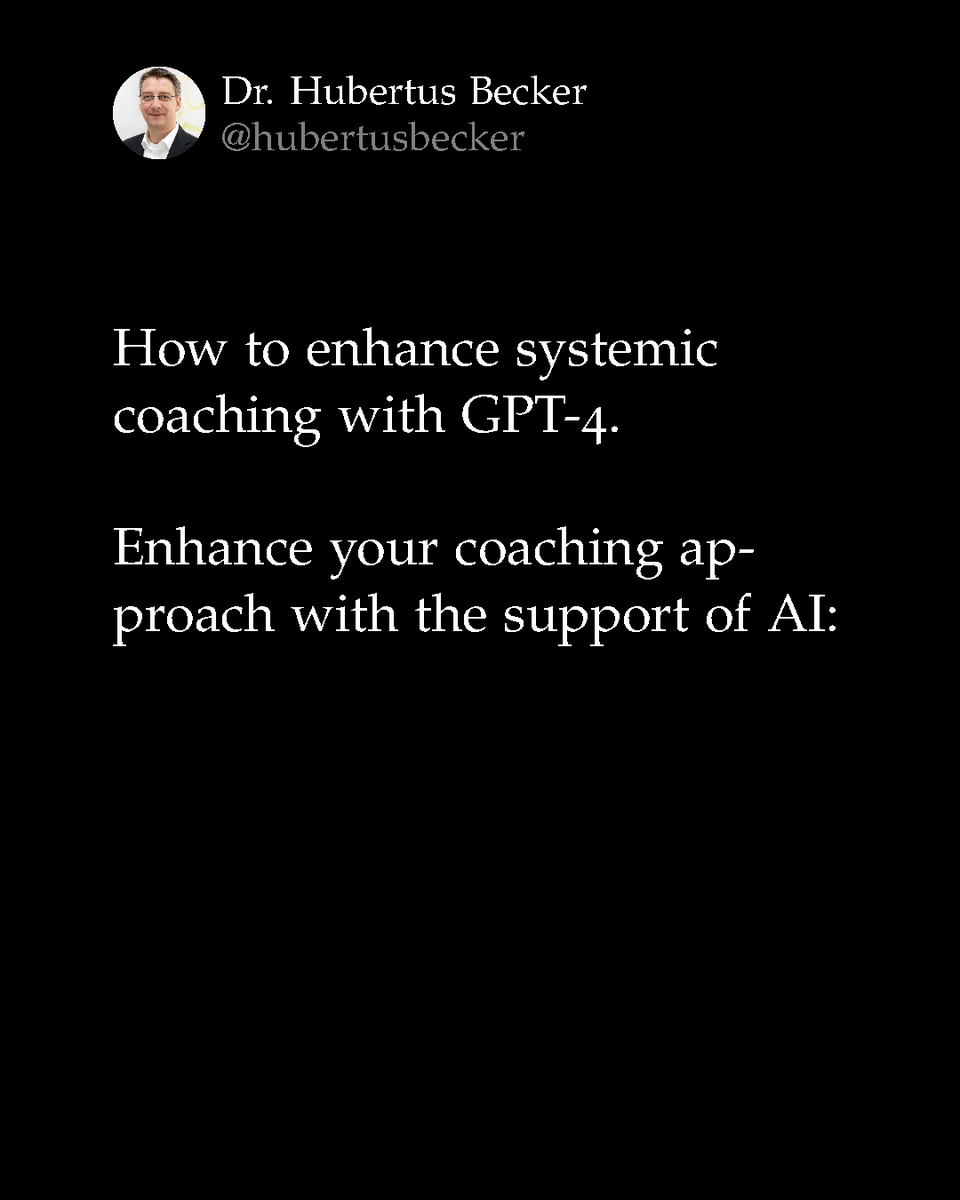 hubertusbecker's tweet photo. Discover how to enhance systemic coaching with GPT-4! Boost your coaching skills with the support of AI. #AI #SystemicCoaching #GPT4 https://t.co/Skrx1gRZwq https://t.co/pcQYc7qeb3