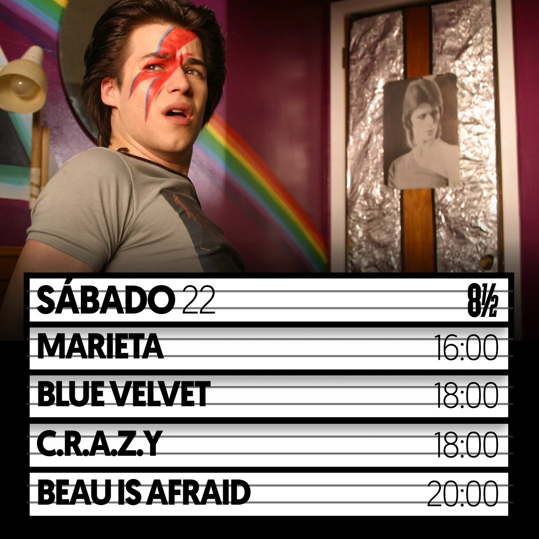8medio's tweet photo. #HOY #ABR22
16H #Marieta,Paula Parrini / Diego Arteaga, Ecuador, 2023.
18H #BlueVelvet,David Lynch, EEUU, 1986.
18H #CRAZY,Jean Marc Vallée, Canadá, 2005.
20H #BeauIsAfraid,Ari Aster, Canadá, 2023.
Entradas en boletería desde las 15H00 o desde https://t.co/UYIaodeX62
#VenAl8 https://t.co/iYjYh8b7k7
