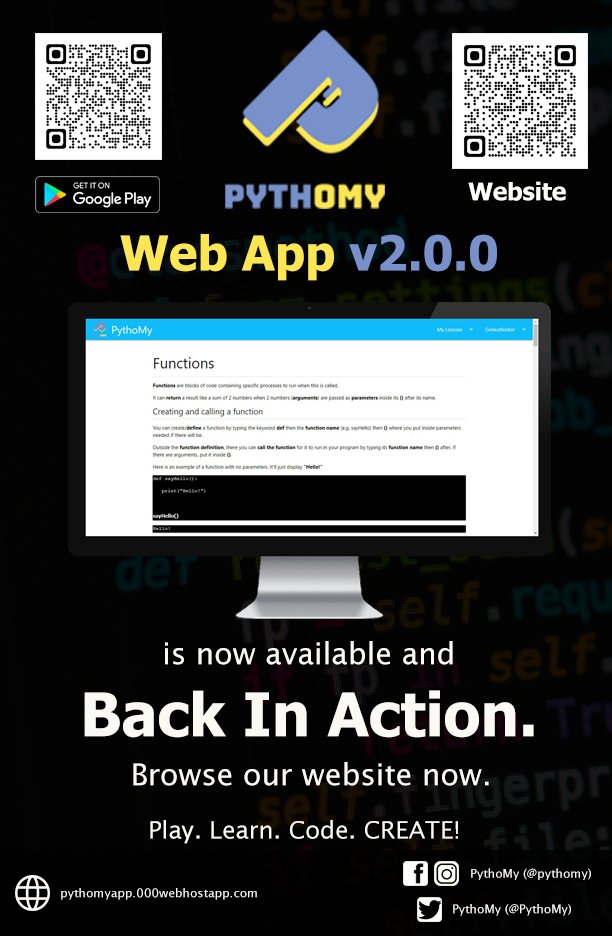 PythoMy's tweet photo. PythoMy is back in action in the Web platform with the new version 7.0.0. Browse our Web app now in your browser to learn Python code the simplest way. Happy coding! π¨π»βπ»π©π»βπ»β
#PythoMy #Programming #Coding #Python https://t.co/0tiydywpFR