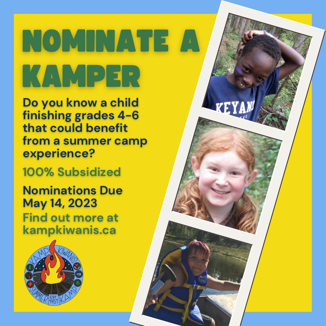 projectkampfire's tweet photo. Do you know a child in the Calgary Area finishing Gr.4-6 that could benefit from a summer camp experience? 

Kamp Kiwanis Summer Camp Nomination Forms are now available! 

Just click the links on our website: https://t.co/bKojdmwUWG

Nomination Forms are due May 14. https://t.co/5YJauUcWHi