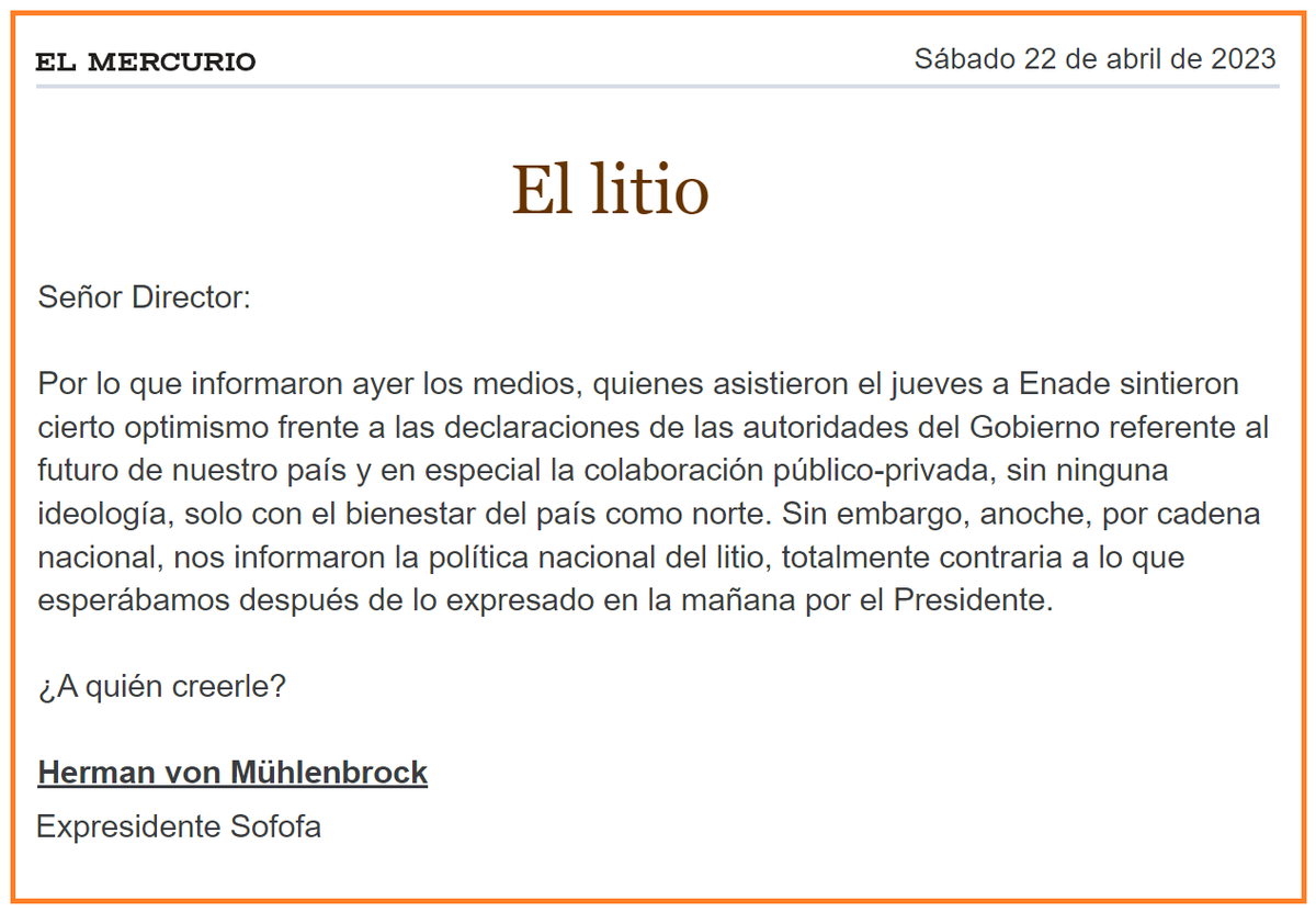 sergiou01329861's tweet photo. ¿A qué presidente creerle, al que por la mañana asistió a ENADE llamando a la inversión privada o al que por la tarde anunció desde La Moneda la Estrategia Nacional del Litio reduciendo la inversión privada? 
Fueron 2 discursos opuestos en menos de 24 horas. https://t.co/9SgTtxgewu