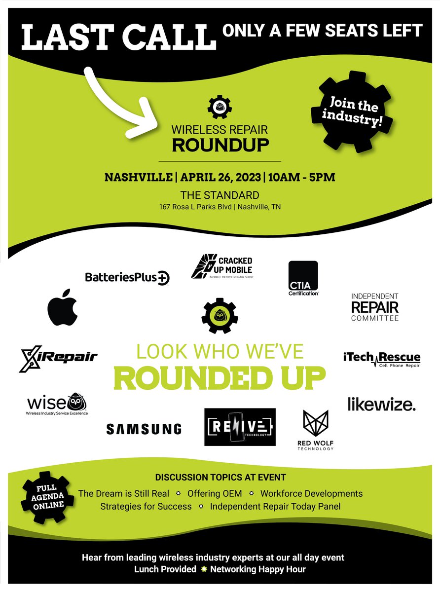RepairRoundup's tweet photo. It's a FULL HOUSE, literally, but have a few seats left for Wireless Repair Roundup in Nashville! Register today - the event is Wednesday, April 26th at The Standard. Looking forward to seeing everyone! https://t.co/S310EPqYyt

Nashville, TN | April 26 | 10am-5pm https://t.co/G4Jn7qPOnf