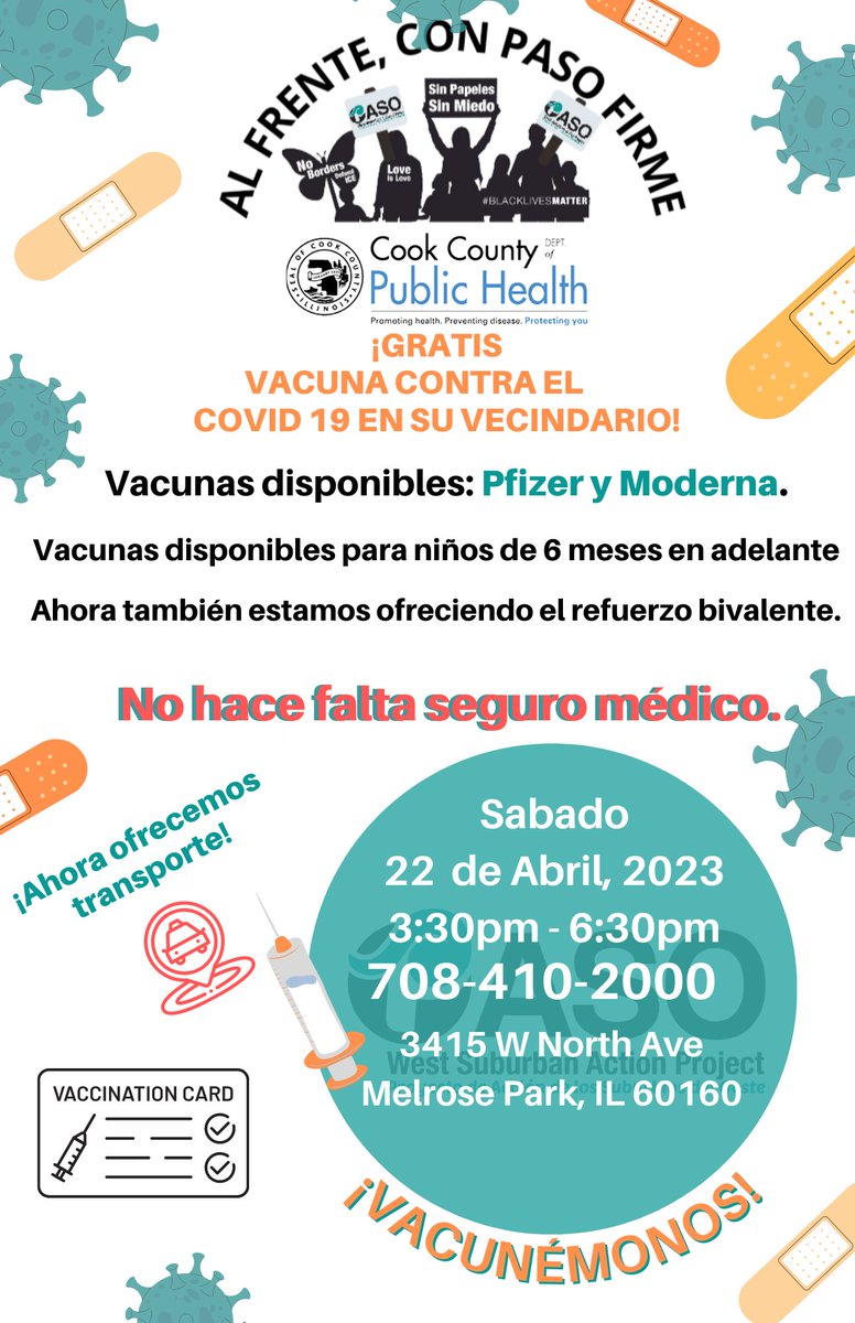 CookCoHealth's tweet photo. Today! April 22, PASO is hosting a vaccination clinic at 3415 W. North Ave., Melrose Park, IL, from 3.30 PM- 6.30 PM. 
#ccdph #BoostUpCookCounty https://t.co/FnxnD5UZcO