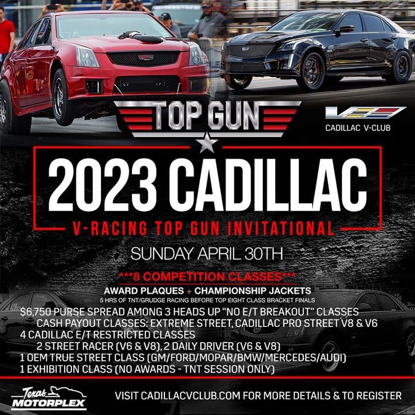 APRIL 30th 🗓️ The #TopGun V-Racing Invitational is coming to #TexasMotorplex. Register NOW on our website, but do it quickly, as spots are limited. #dragracing #racing #cadillac #wherespeedwasborn #topgunmaverick #cars