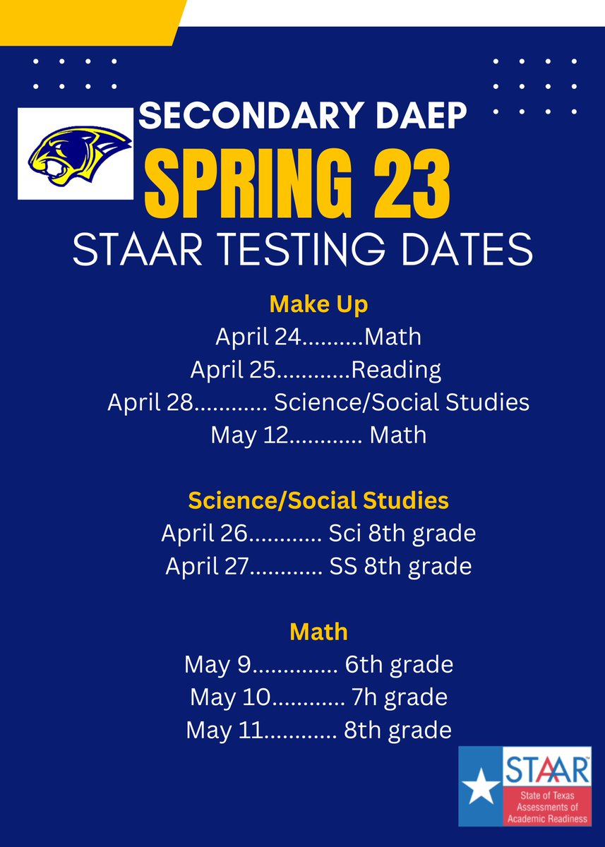 Spring 23 STAAR testing schedule <a href="/HISDSupe/">Mike Miles</a> <a href="/Garibaldi3HISD/">Ingé V. Garibaldi</a> @TeamHISD @HISDMiddleSchls @HISD_Assessment