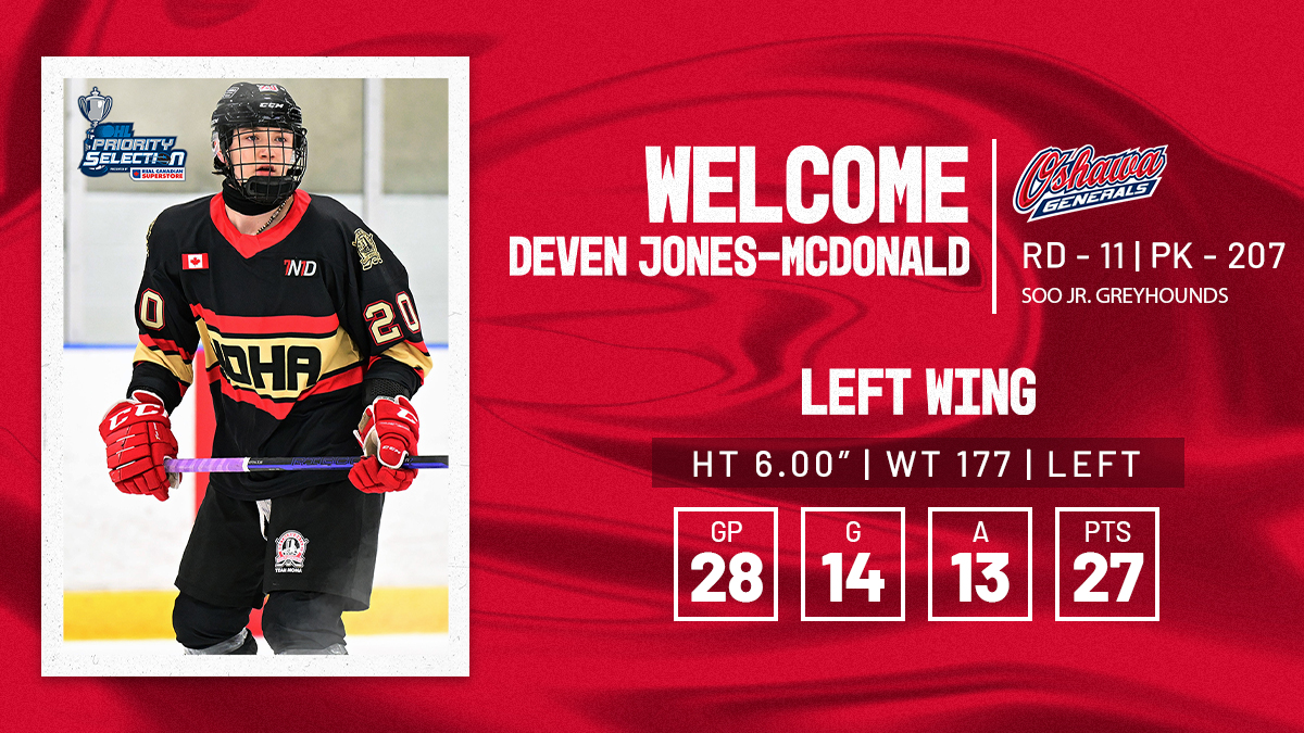Oshawa_Generals's tweet photo. With the 207th overall pick in the 2023 OHL Priority Selection, the Oshawa Generals are proud to select from the Soo Jr. Greyhounds, Deven Jones-McDonald

Welcome to #GensNation, Deven!

#FutureGENeration | #OHLDraft https://t.co/R92syy7NrA