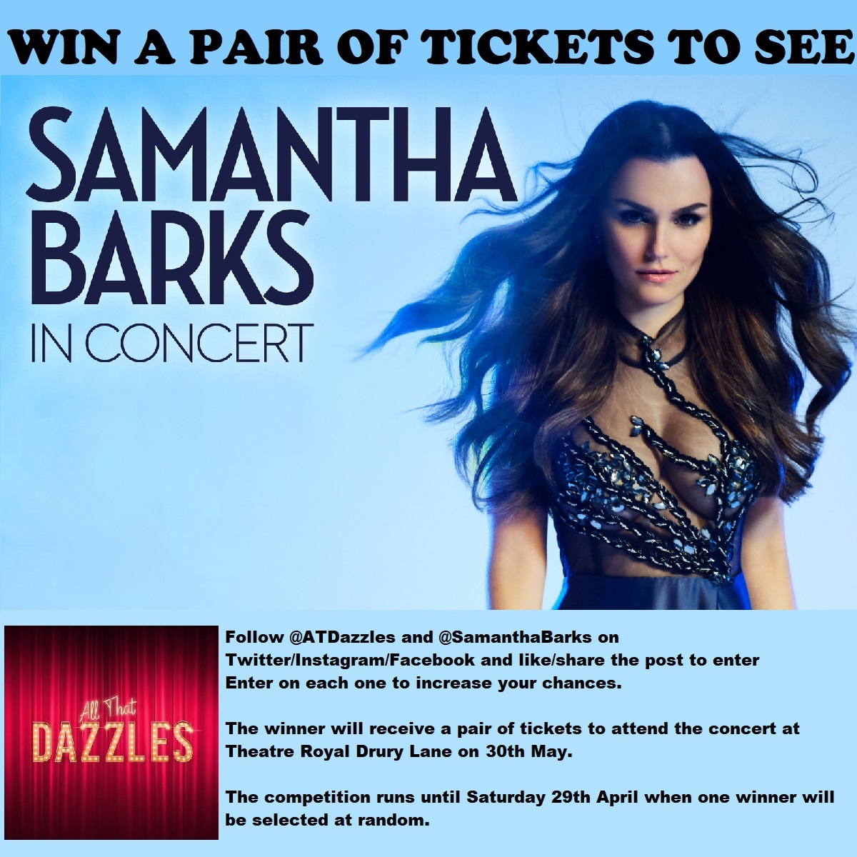 NEW GIVEAWAY ALERT I am offering a pair of tickets to see the sensational @SamanthaBarks in concert at @TheatreRoyalDL on 30th May. To enter like or retweet this post. The winner won't go on their own so reply saying who you'll bring if you win. You must be following me to enter.