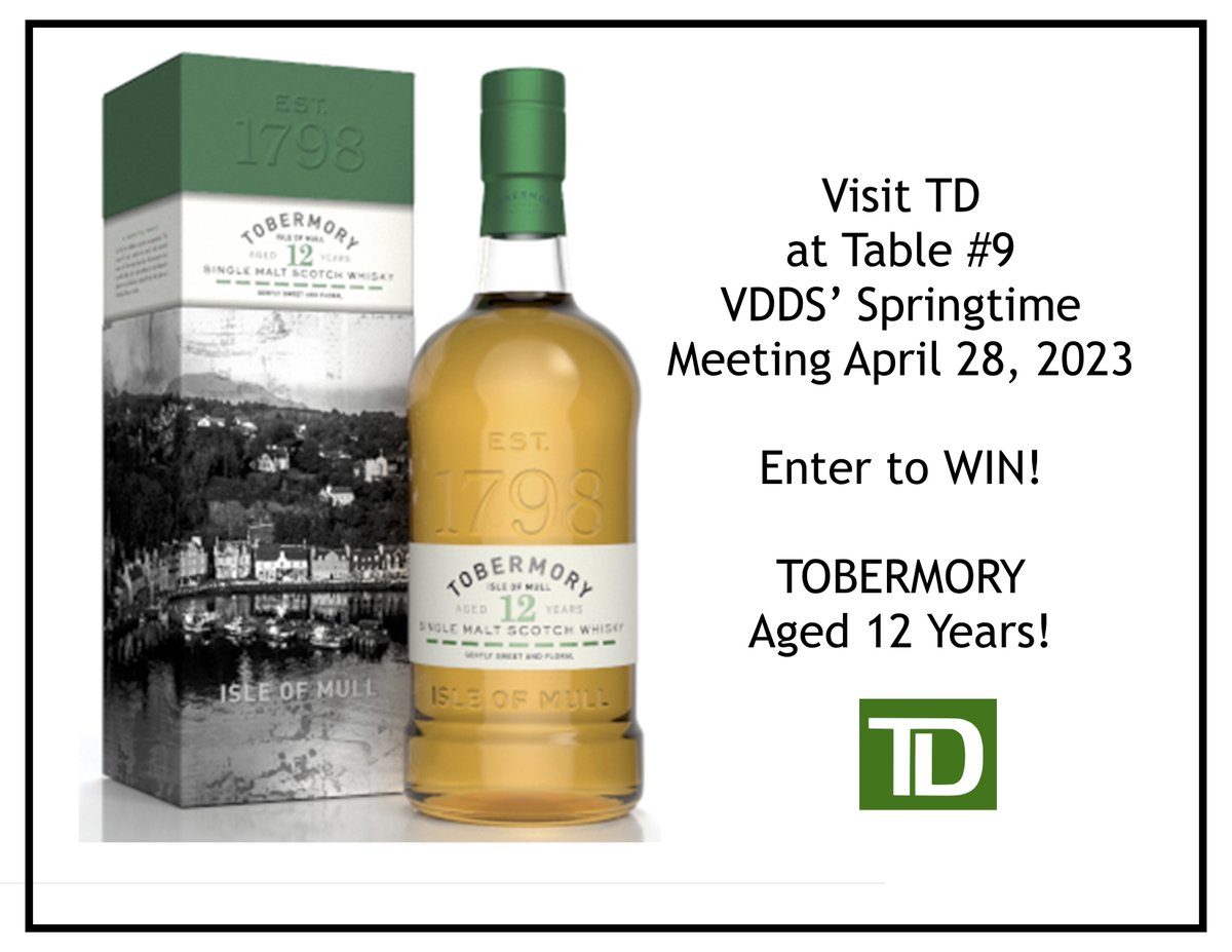 VDDSVancouver's tweet photo. Participate to WIN TD's PRIZE DRAW: Tobermory Aged 12 Years! Table #9 @VDDS' Springtime Meeting 2023 April 28 in Vancouver! https://t.co/Vd2JLQXaUX @vdds_community #dentist #dentalassistant #cda #rdh #dentallabtech  #dentaltherapist #vddsspringtimemeetingprizedraw @MattOBrien_TD https://t.co/IvWca1aIIE