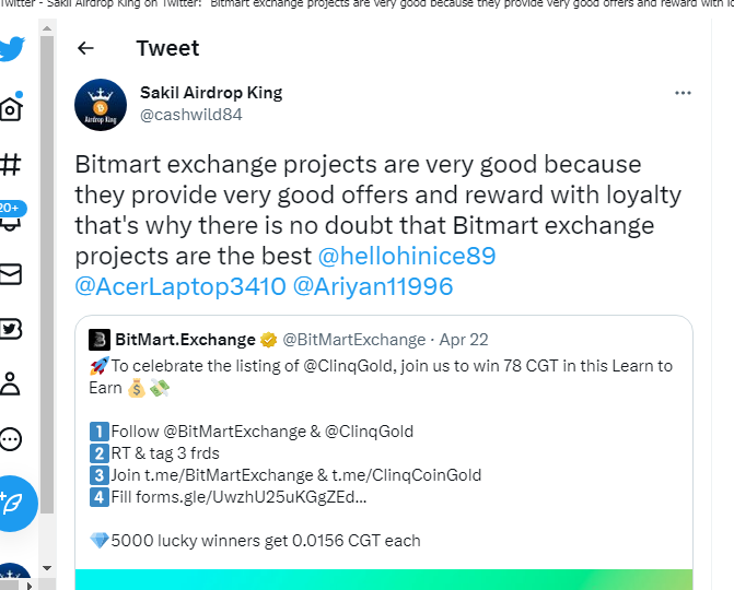 cashwild84's tweet photo. @BitMartExchange @ClinqGold Good project ever , I am very happy to be participating in this project. I hope this project will gain more popularity in the future. https://t.co/FTh4WLhW0Y