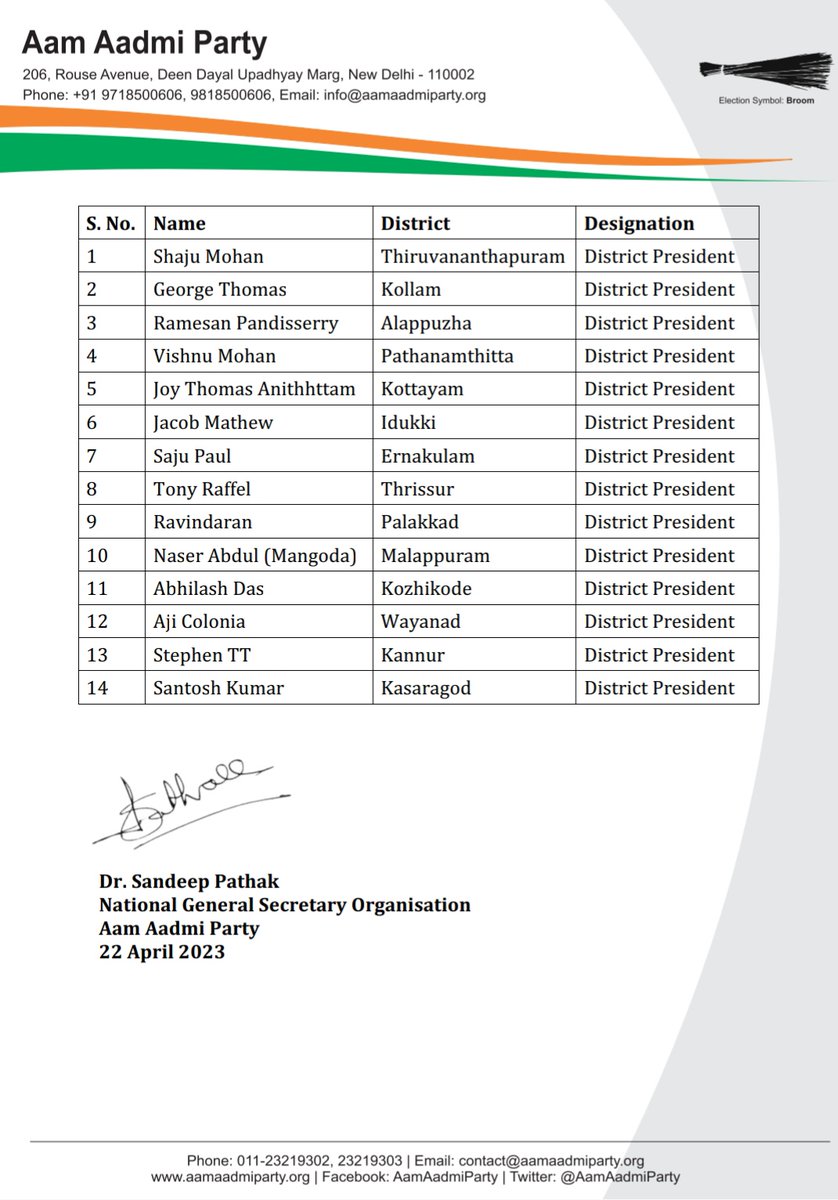 AamAadmiParty's tweet photo. ANNOUNCEMENT⚠️

Here's our first list of office bearers for the state of Kerala.

Congratulations to all 💐 https://t.co/leekDzL2lq