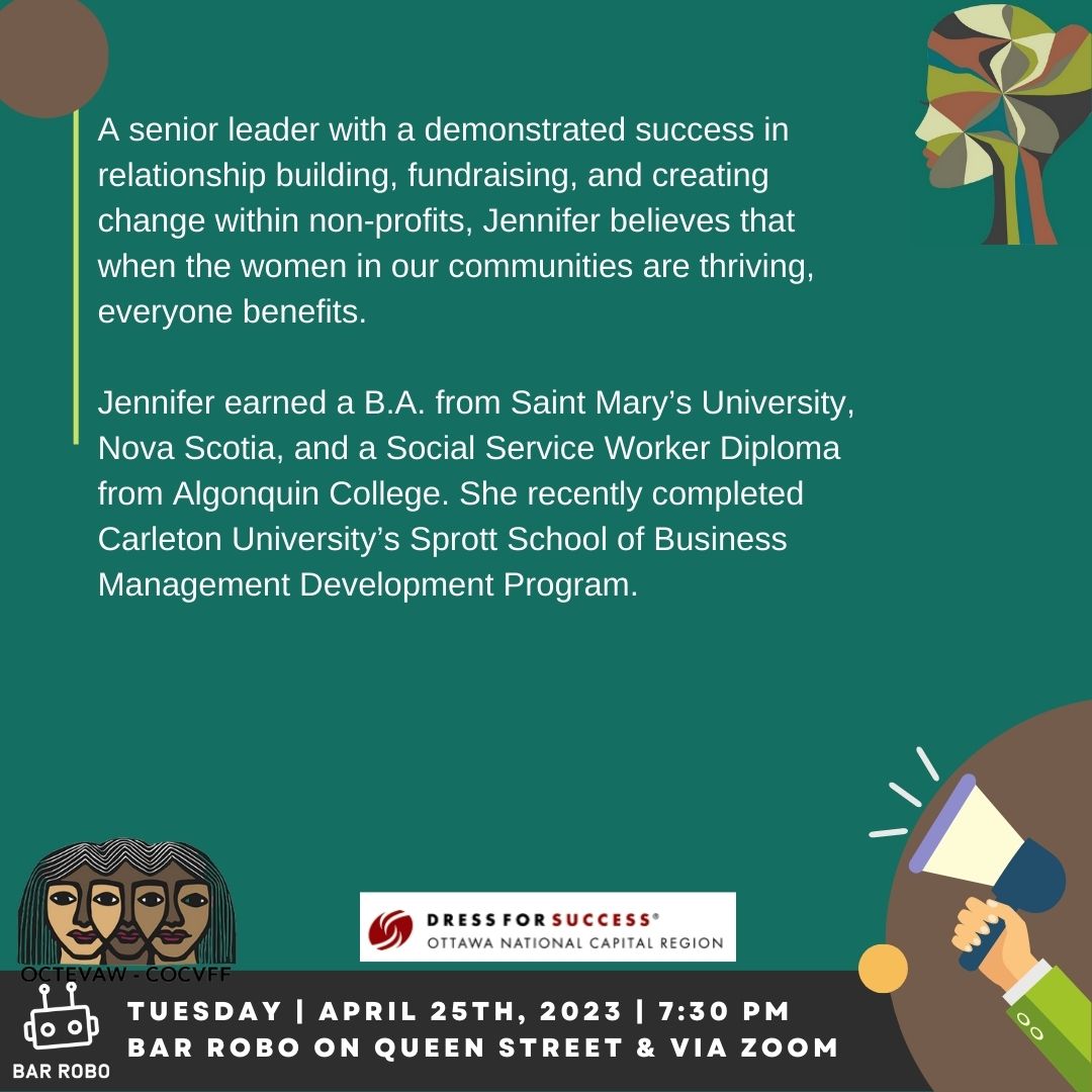 Want to know more about how Jennifer smashes glass ceilings?

Us too.

April 25th  7:30 pm

<a href="/JenCrawford454/">Jen Crawford</a> <a href="/OCTEVAW/">OCTEVAW</a> 

eventbrite.ca/e/breaking-the…
