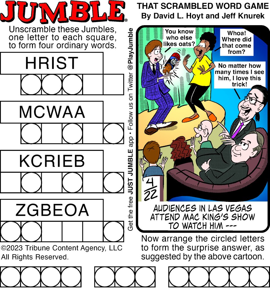 PlayJumble's tweet image. Mac King is trying to fool us again in the Jumble! NEYOJ! @mackingshow @pennjillette @MrTeller @FoolUsTV @ExcaliburVegas #Jumble #JumblePuzzle #MacKing #PennandTeller